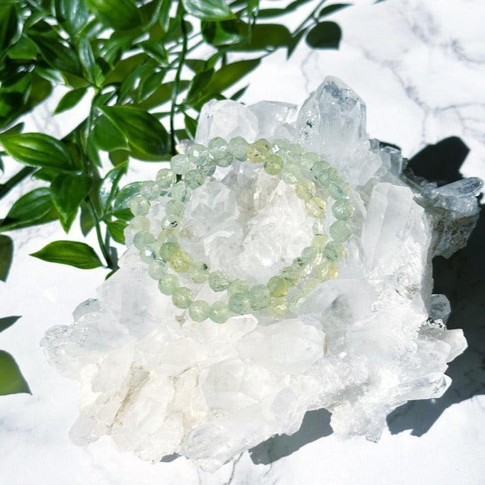 PREHNITE (FACETED) 6mm - HANDMADE CRYSTAL BRACELET - 10 Dec Inventory, 6mm, bracelet, bracelet inventory check, crystal bracelet, faceted, Friday the 13th, green, handmade bracelet, jewelry, June 2025 inventory check, libra, libra stack, market bracelet, prehnite, springtime, vernal vibes, Wearable - The Mineral Maven
