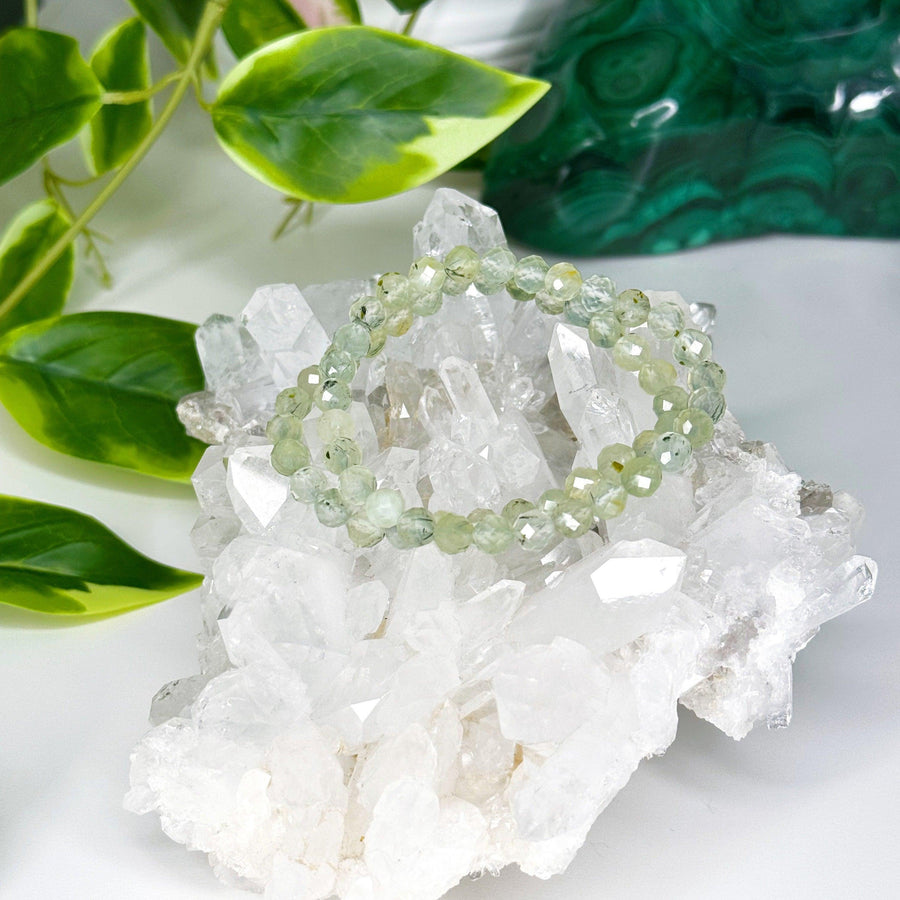 PREHNITE (FACETED) 6mm - HANDMADE CRYSTAL BRACELET - 6mm, bracelet, crystal bracelet, faceted, Friday the 13th, green, handmade bracelet, jewelry, libra, libra stack, market bracelet, prehnite, recently added, springtime, vernal vibes, Wearable - The Mineral Maven