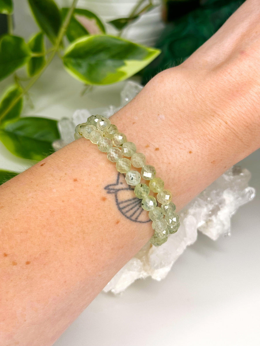 PREHNITE (FACETED) 6mm - HANDMADE CRYSTAL BRACELET - 6mm, bracelet, crystal bracelet, faceted, Friday the 13th, green, handmade bracelet, jewelry, libra, libra stack, market bracelet, prehnite, recently added, springtime, vernal vibes, Wearable - The Mineral Maven