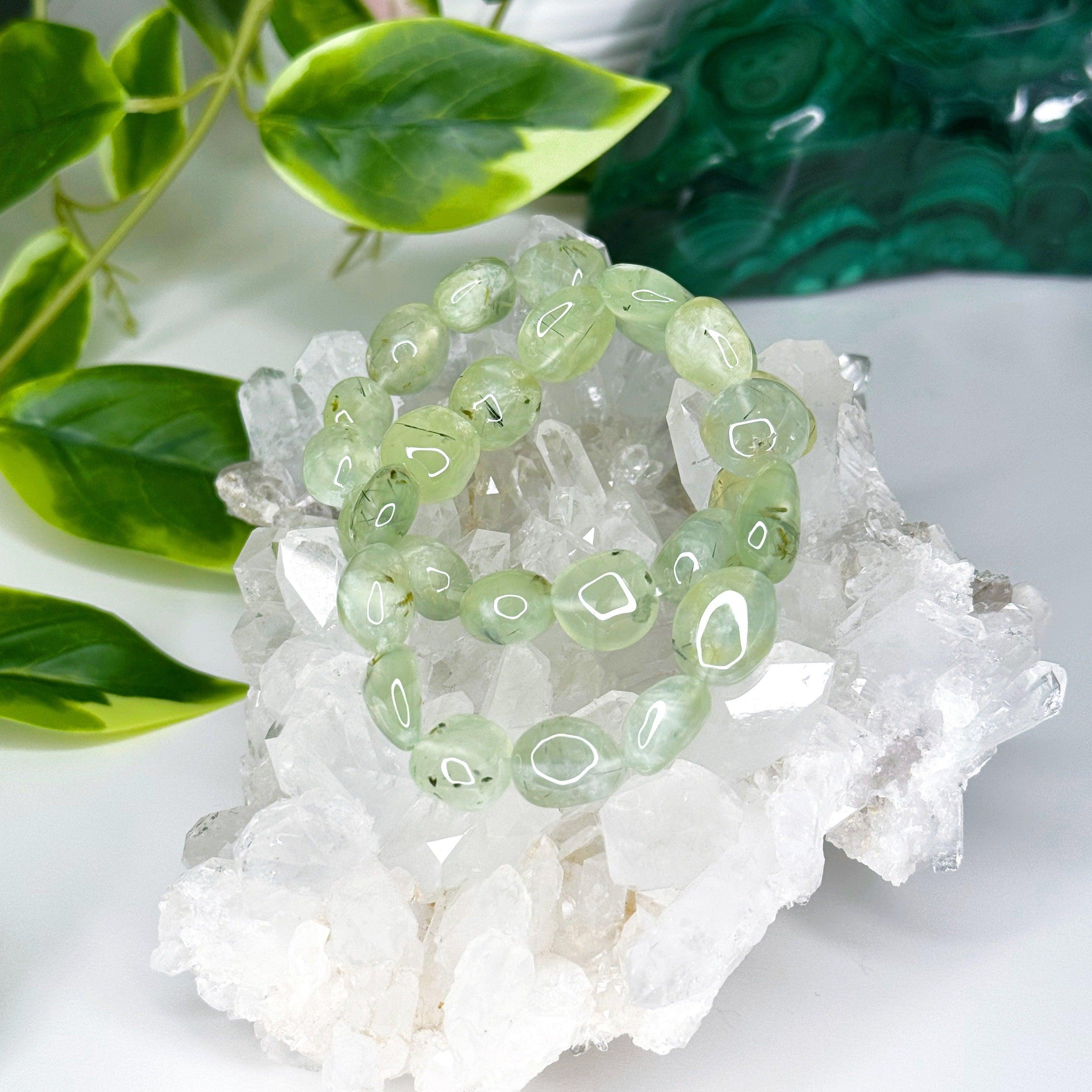 PREHNITE (NUGGET) 14mm - HANDMADE CRYSTAL BRACELET - 14mm, bracelet, capricorn, capricorn stack, crystal bracelet, earth, Friday the 13th, green, handmade bracelet, jewelry, libra, libra stack, market bracelet, nugget, prehnite, recently added, water, Wearable - The Mineral Maven