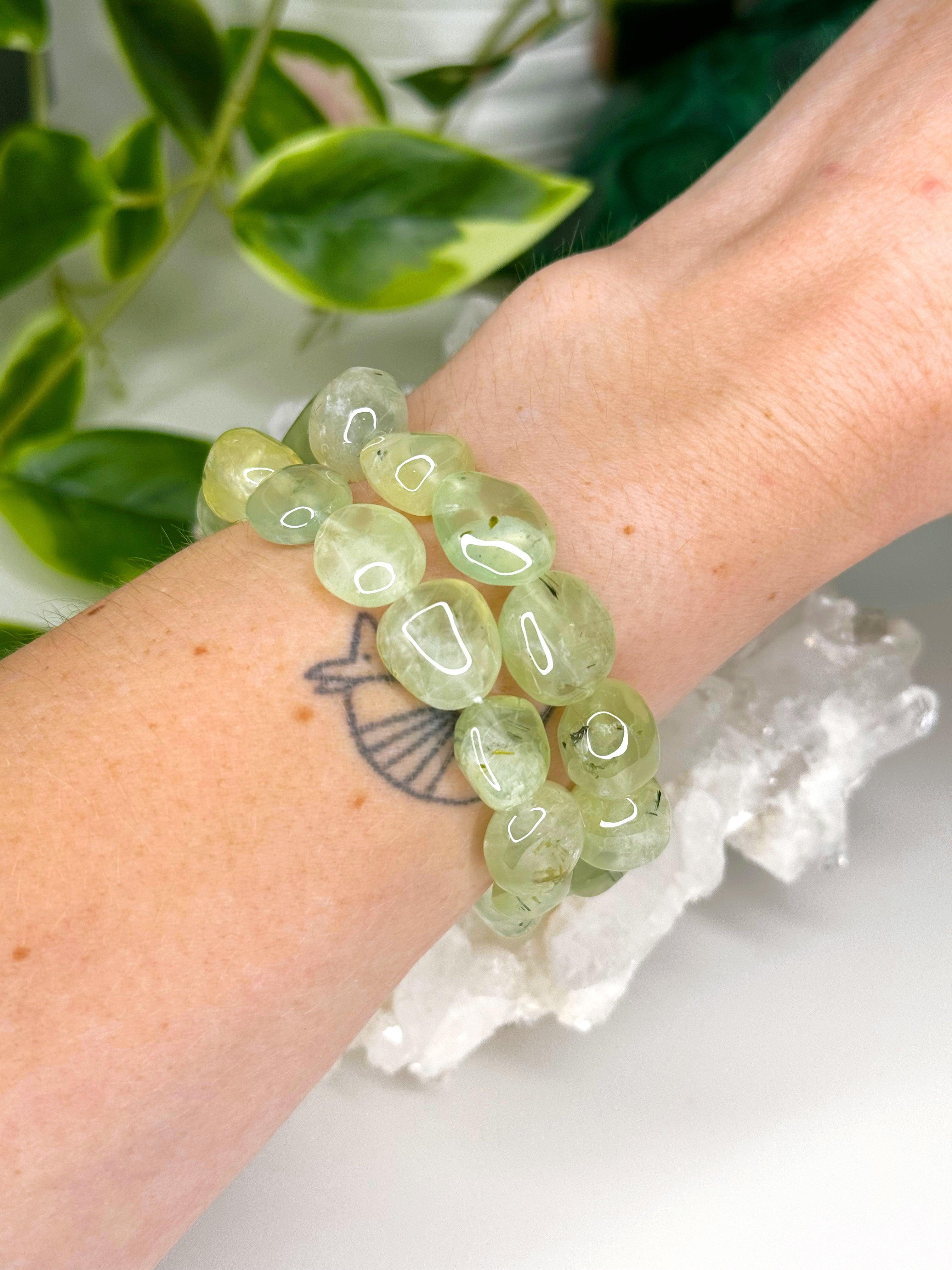 PREHNITE (NUGGET) 14mm - HANDMADE CRYSTAL BRACELET - 14mm, bracelet, capricorn, capricorn stack, crystal bracelet, earth, Friday the 13th, green, handmade bracelet, jewelry, libra, libra stack, market bracelet, nugget, prehnite, recently added, water, Wearable - The Mineral Maven