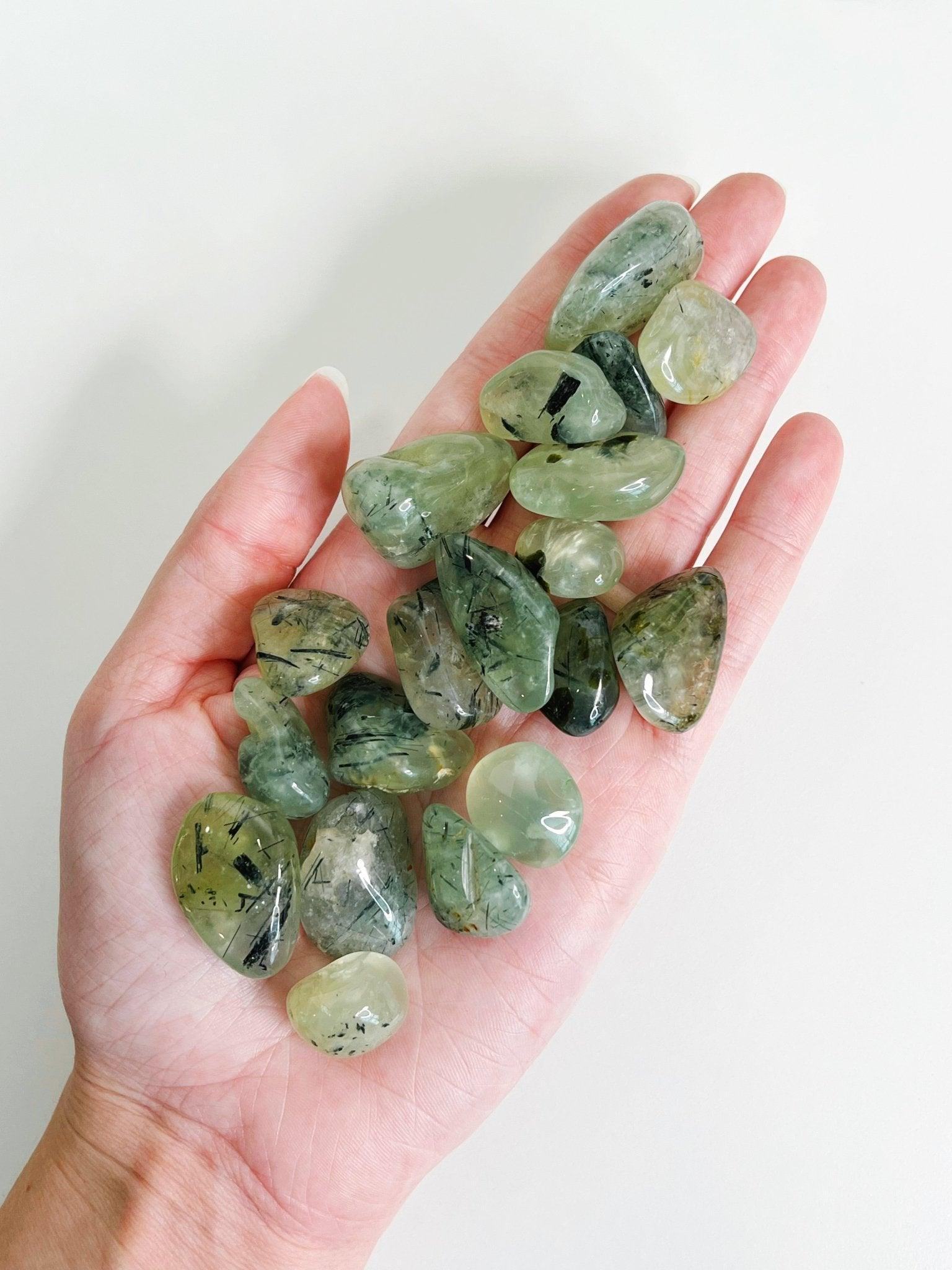 PREHNITE TUMBLE (WITH EPIDOTE & TOURMALINE) - 2025 vibes, 33 bday, Black Friday sale, black tourmaline, end of year sale, epidote, holiday sale, new year sale, pocket crystal, pocket stone, prehnite, protection gift bundle, tumble - The Mineral Maven