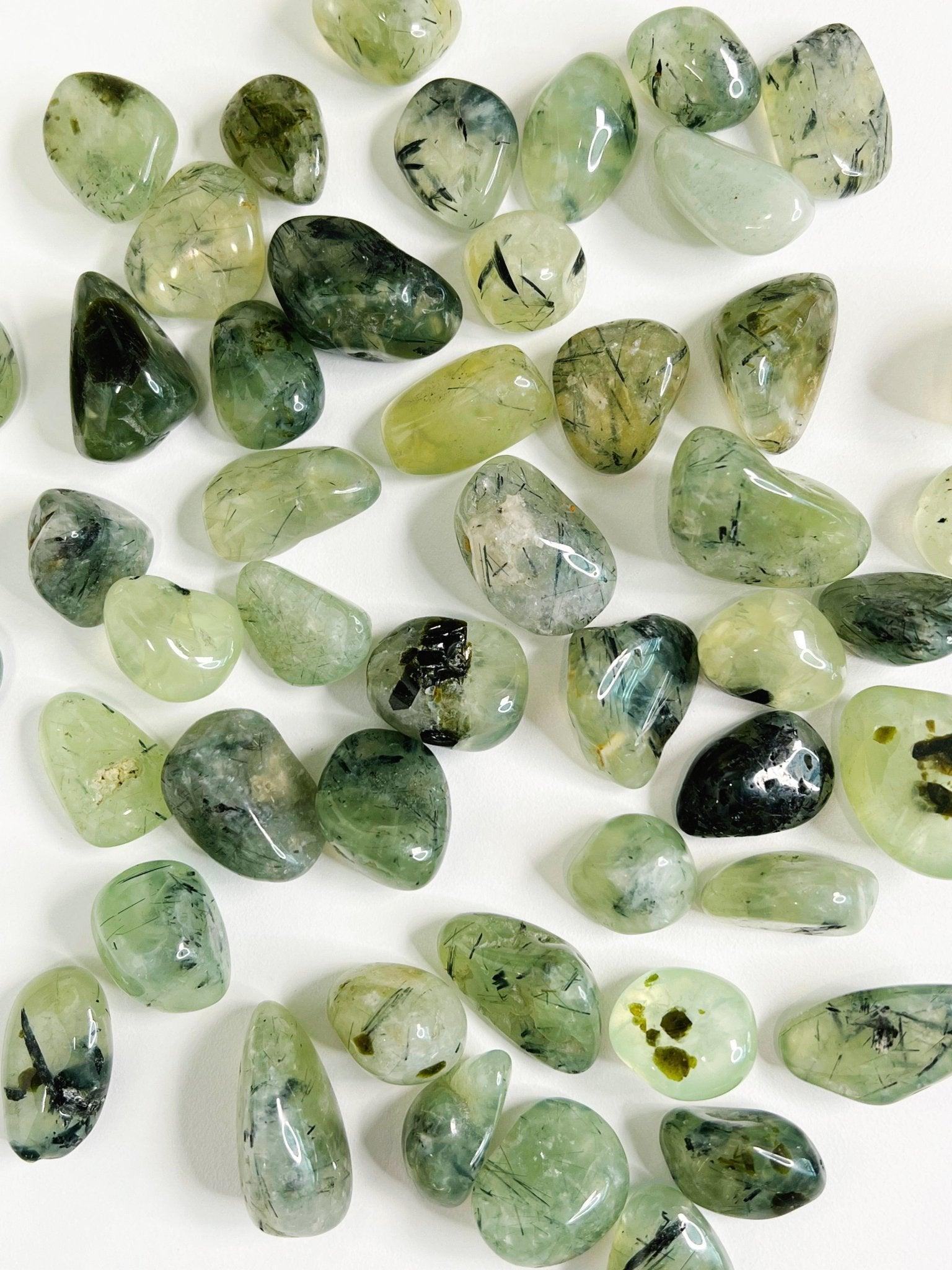PREHNITE TUMBLE (WITH EPIDOTE & TOURMALINE) - 2025 vibes, 33 bday, Black Friday sale, black tourmaline, end of year sale, epidote, holiday sale, new year sale, pocket crystal, pocket stone, prehnite, protection gift bundle, tumble - The Mineral Maven