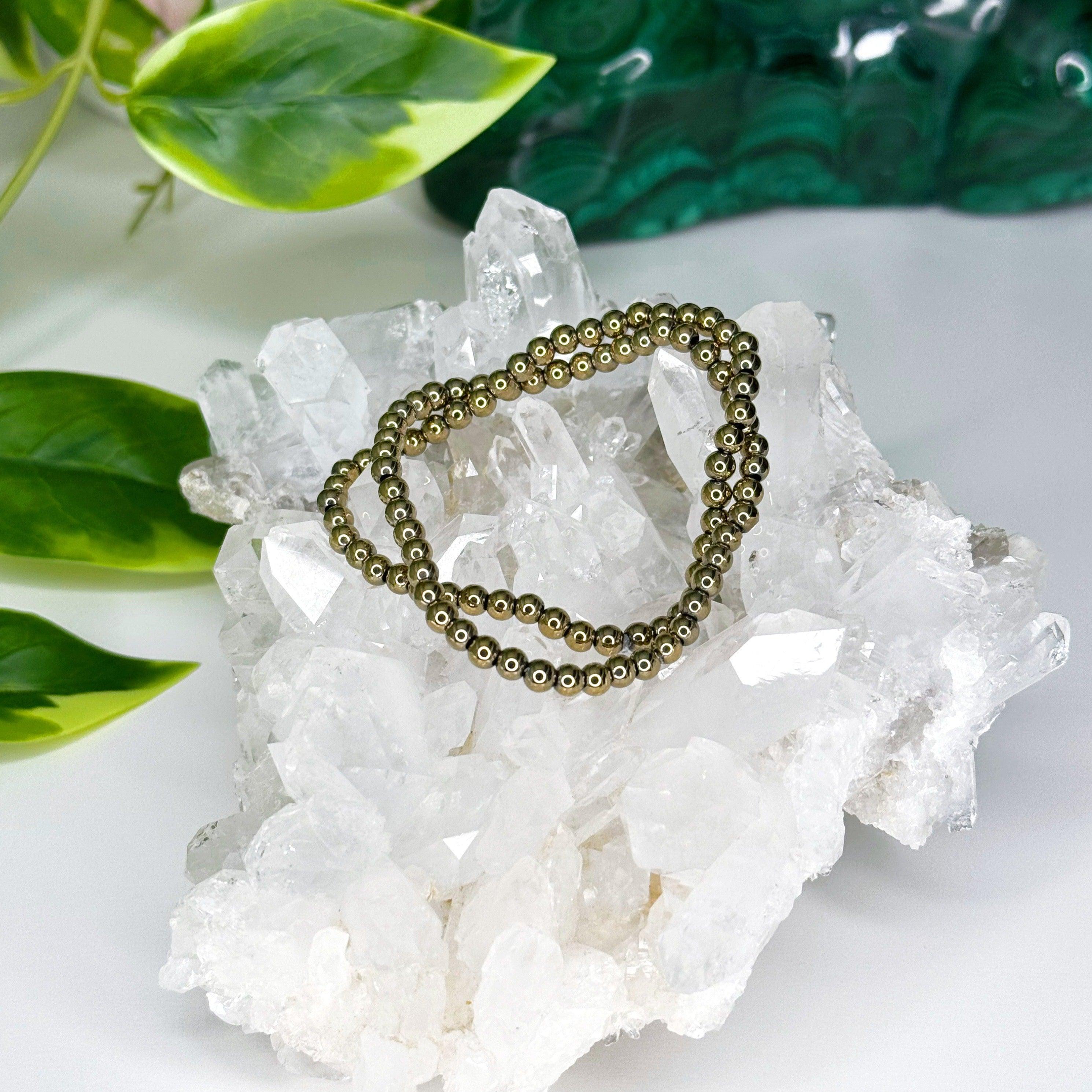 PYRITE 4mm - HANDMADE CRYSTAL BRACELET - 4mm, aries, bracelet, career, crystal bracelet, earth, fire, handmade bracelet, jewelry, leo, market bracelet, metallic, pyrite, recently added, solstice collection, Wearable, winter solstice collection - The Mineral Maven