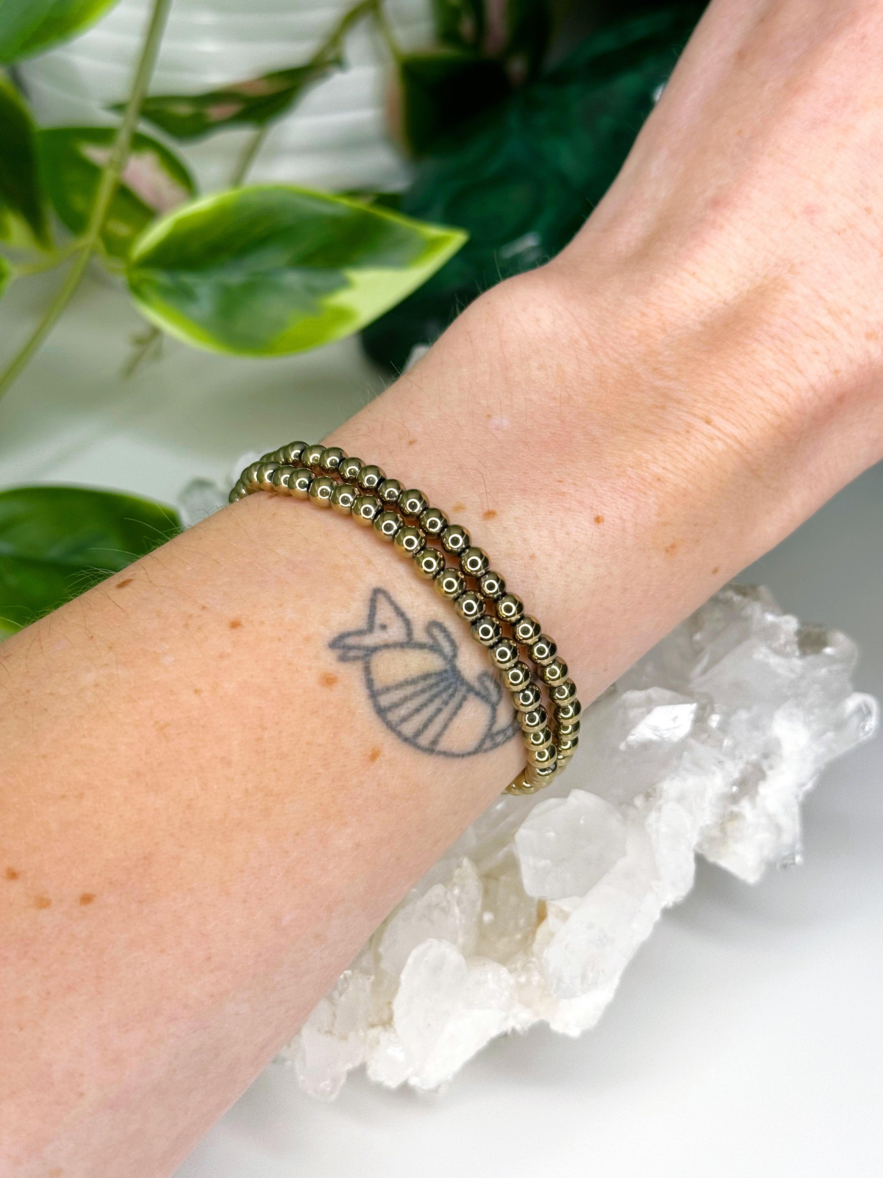PYRITE 4mm - HANDMADE CRYSTAL BRACELET - 4mm, aries, bracelet, career, crystal bracelet, earth, fire, handmade bracelet, jewelry, leo, market bracelet, metallic, pyrite, recently added, solstice collection, Wearable, winter solstice collection - The Mineral Maven