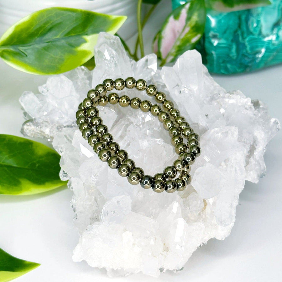 PYRITE 6mm - HANDMADE CRYSTAL BRACELET - 6mm, april astro, aries, aries stack, bracelet, crystal bracelet, earth, fall-o-ween, fall-o-ween bracelets, fire, handmade bracelet, jewelry, leo, leo stack, market bracelet, metallic, pyrite, recently added, Wearable - The Mineral Maven