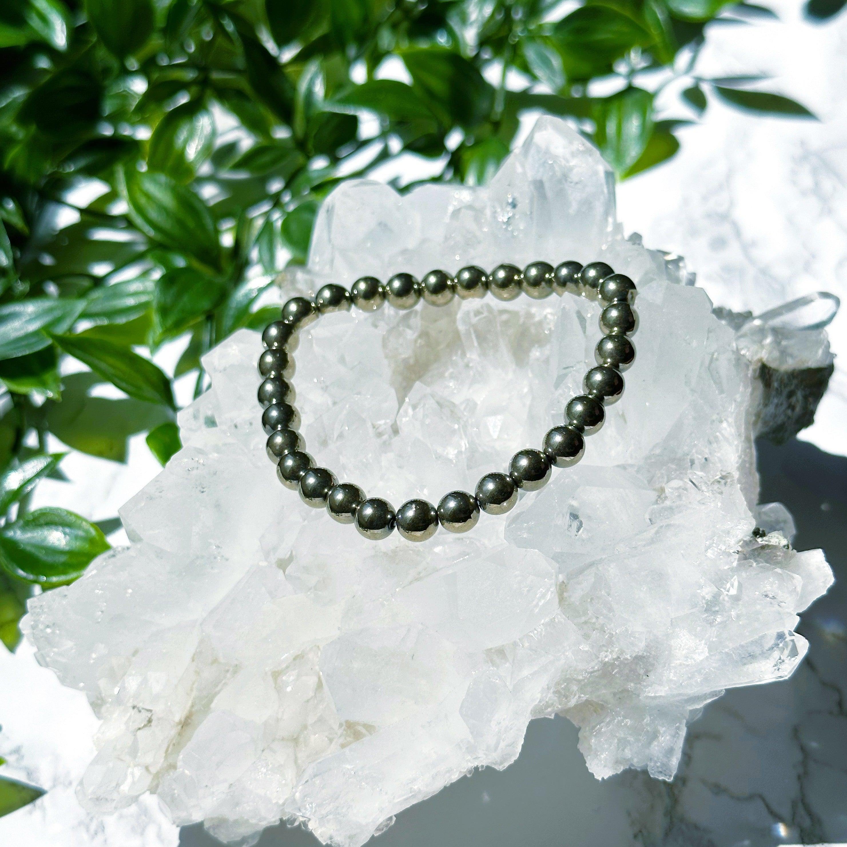 PYRITE 6mm - HANDMADE CRYSTAL BRACELET - 6mm, aries, bracelet, career, crystal bracelet, crystals for beginners, earth, fire, good luck + abundance, handmade bracelet, jewelry, June 2025 inventory check, leo, Leo szn, market bracelet, metallic, pyrite, Wearable - The Mineral Maven