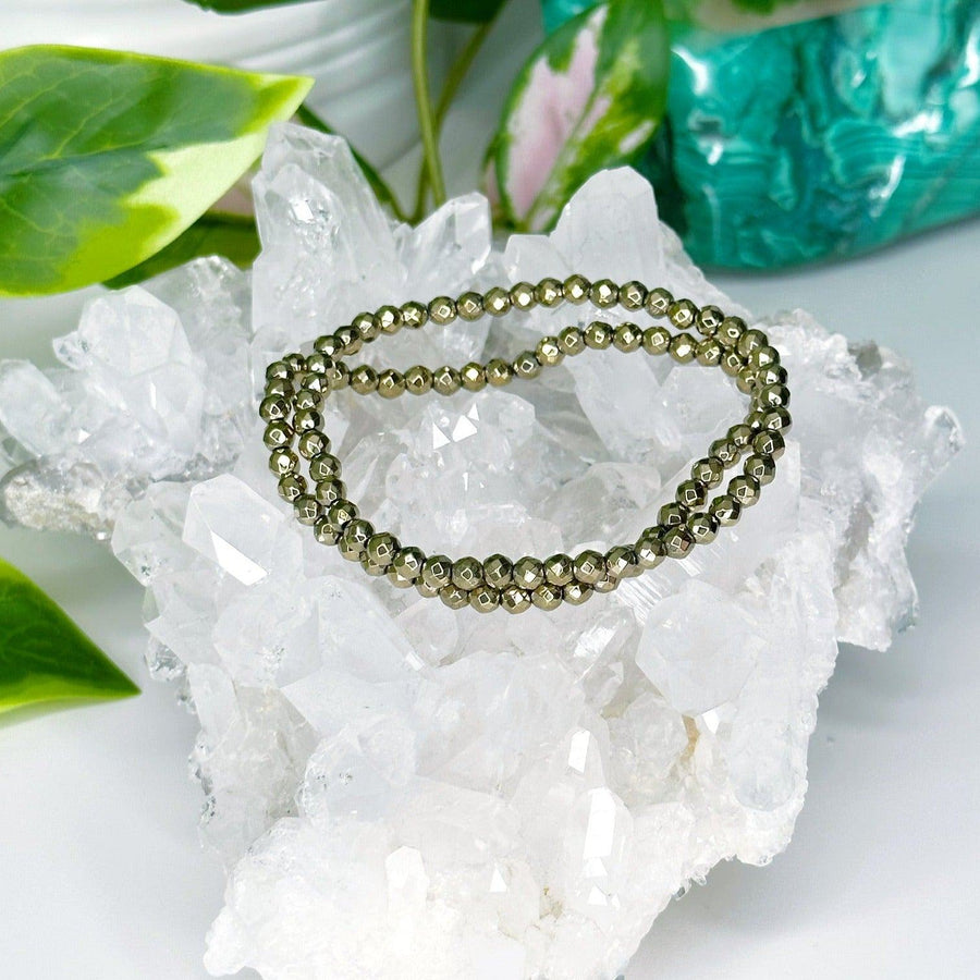 PYRITE (FACETED) 4mm - HANDMADE CRYSTAL BRACELET - 4mm, aries, bracelet, crystal bracelet, earth, faceted, fall-o-ween, fall-o-ween bracelets, fire, handmade bracelet, jewelry, leo, metallic, pyrite, recently added, Wearable - The Mineral Maven