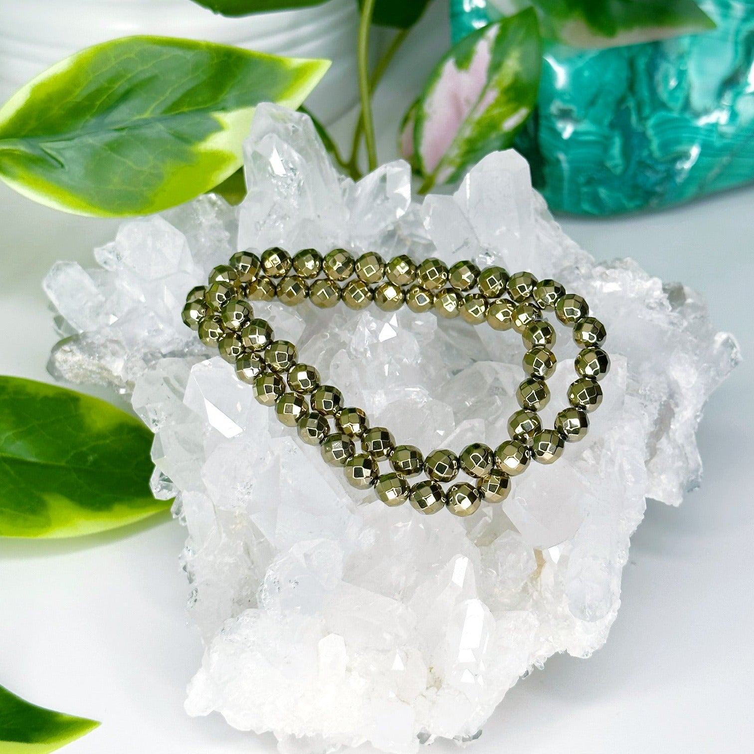 PYRITE (FACETED) 6mm - HANDMADE CRYSTAL BRACELET - 6mm, aries, bracelet, career, crystal bracelet, crystals for beginners, earth, faceted, fire, good luck + abundance, handmade bracelet, jewelry, June 2025 inventory check, leo, Leo szn, market bracelet, metallic, pyrite, Wearable - The Mineral Maven