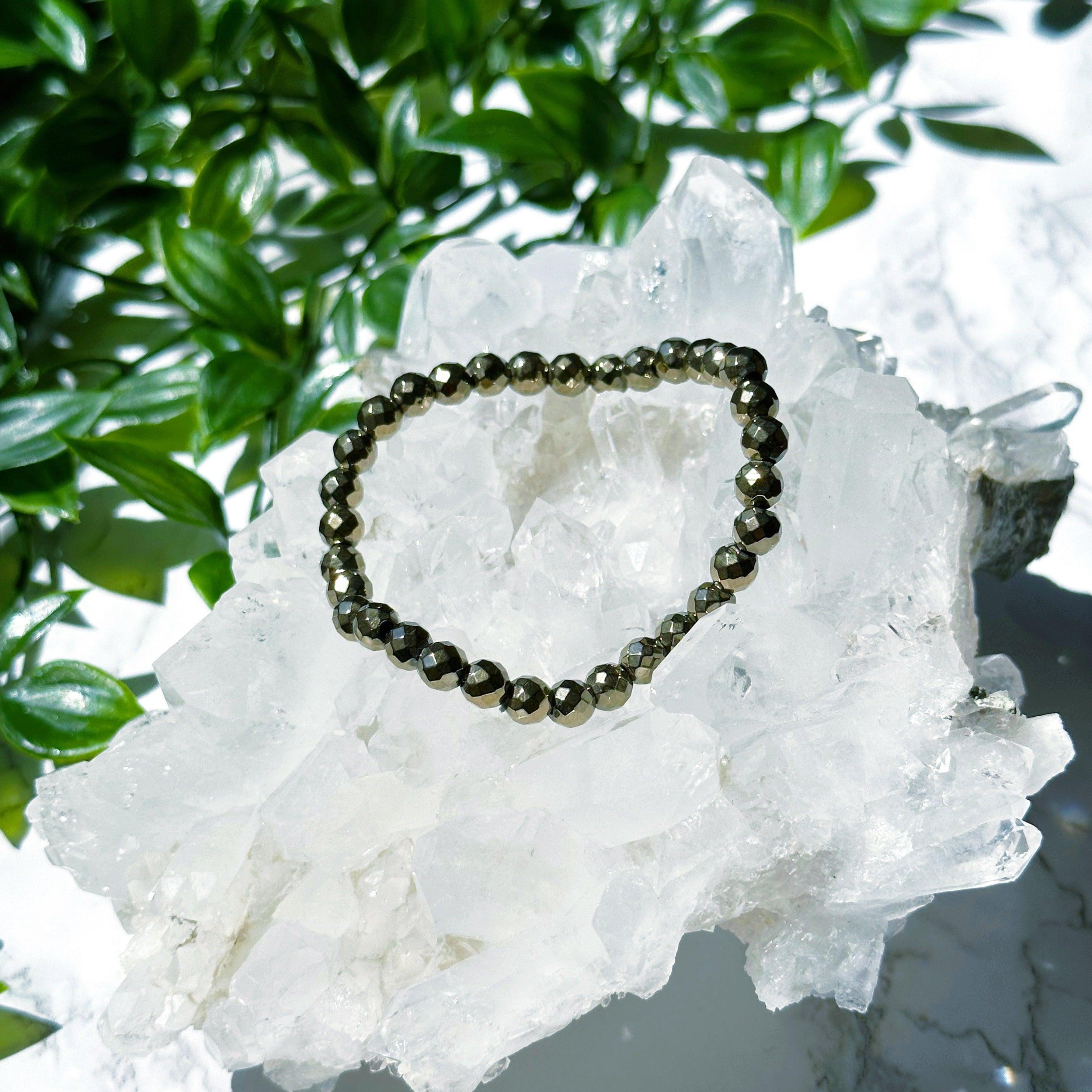 PYRITE (FACETED) 6mm - HANDMADE CRYSTAL BRACELET - 6mm, aries, bracelet, career, crystal bracelet, crystals for beginners, earth, faceted, fire, good luck + abundance, handmade bracelet, jewelry, June 2025 inventory check, leo, Leo szn, market bracelet, metallic, pyrite, Wearable - The Mineral Maven