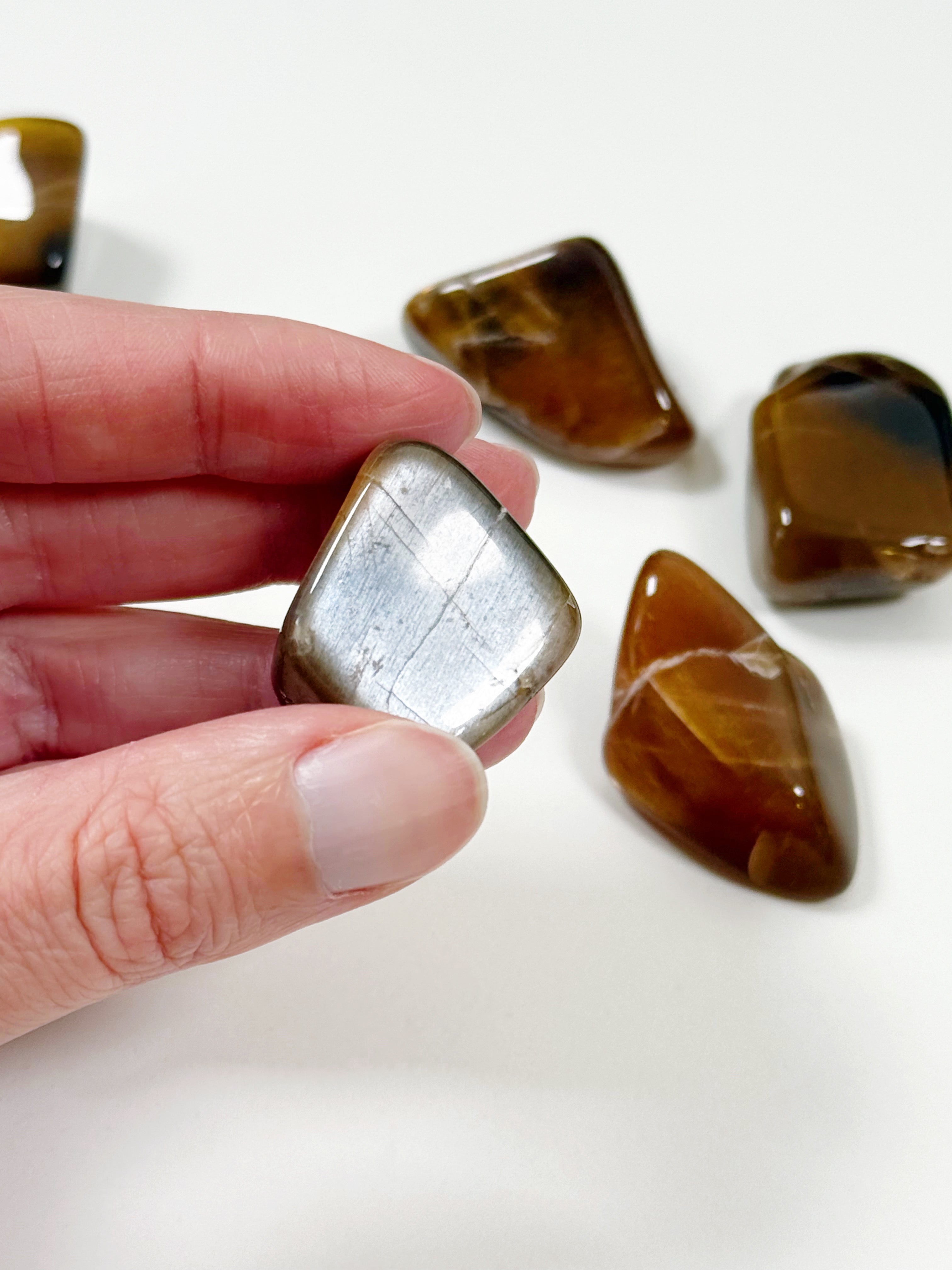 RAINBOW METEOR SHOWER SUNSTONE MOONSTONE TUMBLE - career, confetti sunstone, emotional support, golden sunstone, moonstone, pocket crystal, pocket stone, rainbow meteor shower sunstone, summerween collection, sunstone, tumble - The Mineral Maven