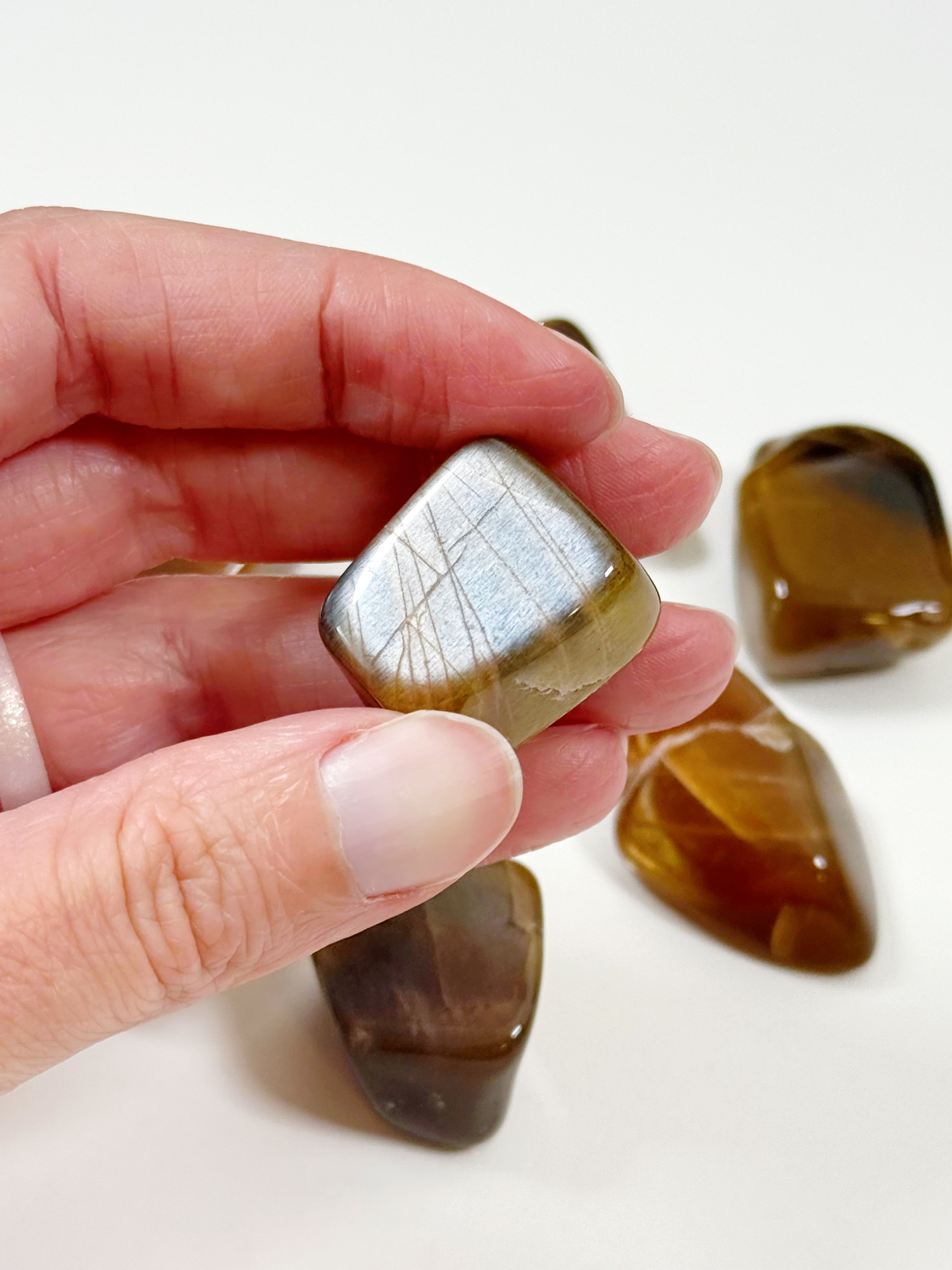 RAINBOW METEOR SHOWER SUNSTONE MOONSTONE TUMBLE - career, confetti sunstone, emotional support, golden sunstone, moonstone, pocket crystal, pocket stone, rainbow meteor shower sunstone, summerween collection, sunstone, tumble - The Mineral Maven