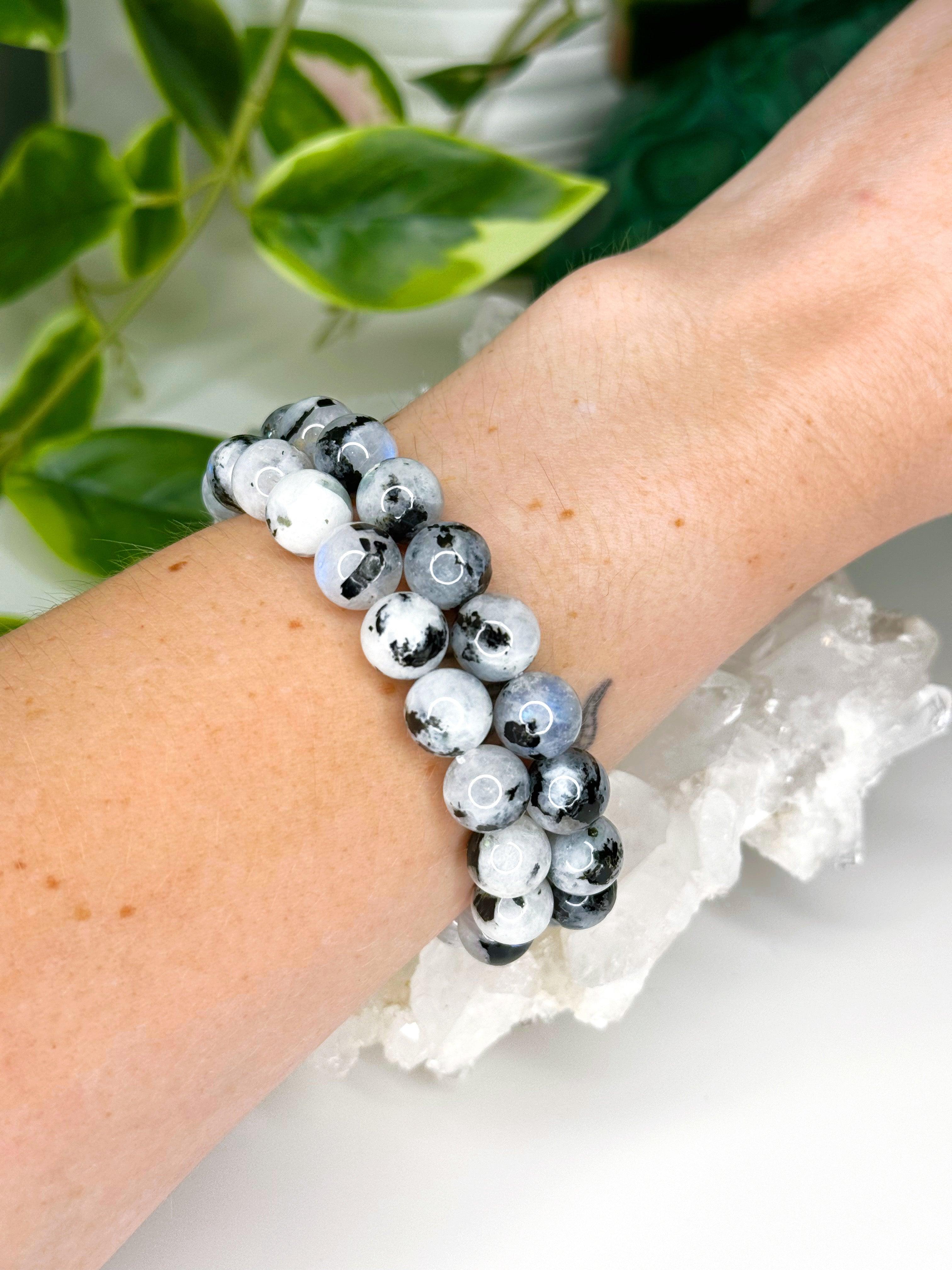 RAINBOW MOONSTONE 10mm - HANDMADE CRYSTAL BRACELET - 10 Dec Inventory, 10mm, 2025 vibes, air, Aquarius, bracelet, bracelet inventory check, cancer, clear/white, crystal bracelet, emotional support, fertility, Friday the 13th, gemini, handmade bracelet, jewelry, joy gift bundle, June 2025 inventory check, libra, market bracelet, moonstone, new beginnings, new beginnings gift bundle, pisces, rainbow moonstone, spring things, virgo, Wearable - The Mineral Maven