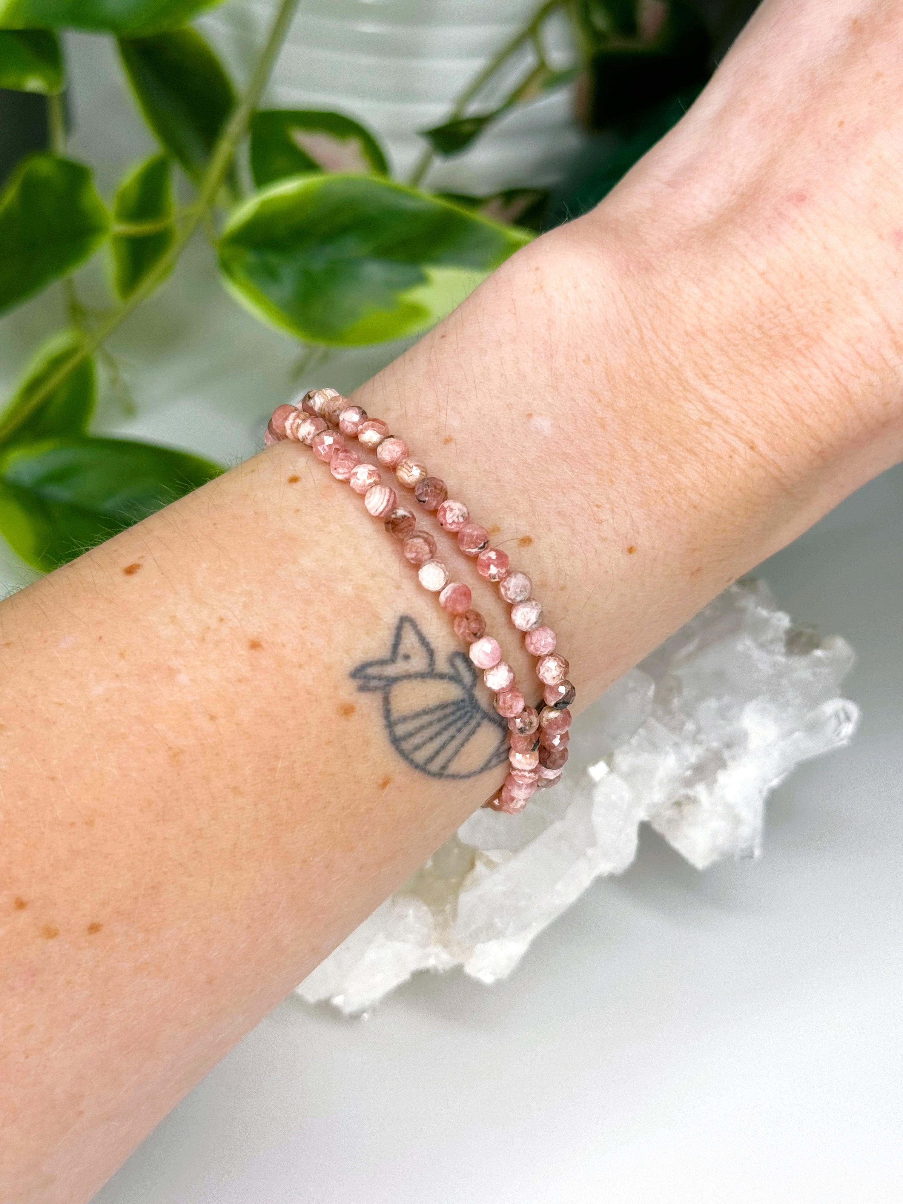 RHODOCHROSITE (FACETED) 4mm - HANDMADE CRYSTAL BRACELET - 4mm, bracelet, crystal bracelet, faceted, fire, handmade bracelet, jewelry, Leo, love gift bundle, market bracelet, pink, recently added, rhodochrosite, scorpio, Scorpio Season, water, Wearable - The Mineral Maven