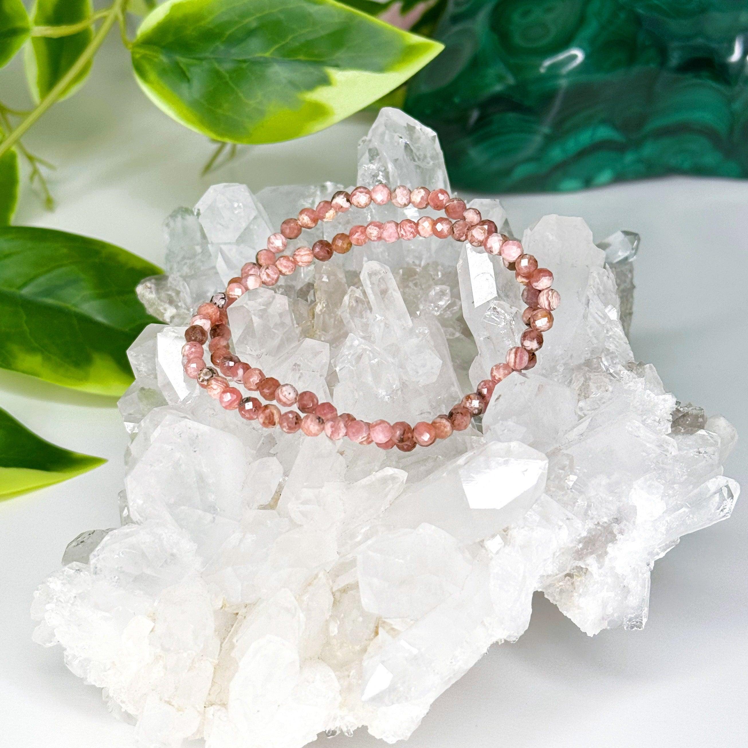 RHODOCHROSITE (FACETED) 4mm - HANDMADE CRYSTAL BRACELET - 4mm, bracelet, crystal bracelet, faceted, fire, handmade bracelet, jewelry, Leo, love gift bundle, market bracelet, pink, recently added, rhodochrosite, scorpio, Scorpio Season, water, Wearable - The Mineral Maven