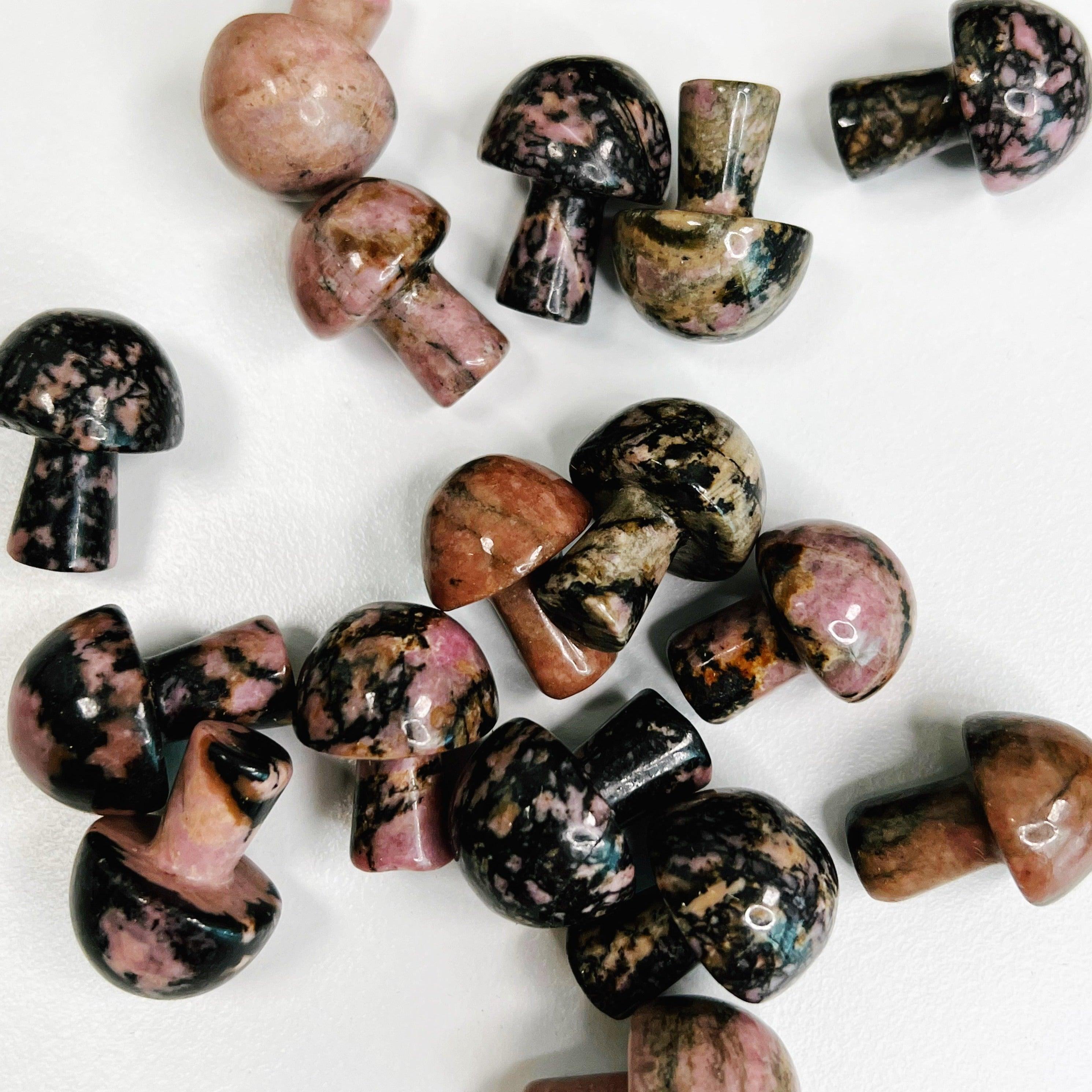 RHODONITE MINI MUSHROOM - 33 bday, Black Friday sale, crystal mushroom, emotional support, end of year sale, fertility, focus gift bundle, grief gift bundle, holiday sale, love gift bundle, mini mushroom, mushroom, new year sale, pocket crystal, pocket crystals, pocket stone, rhodonite - The Mineral Maven