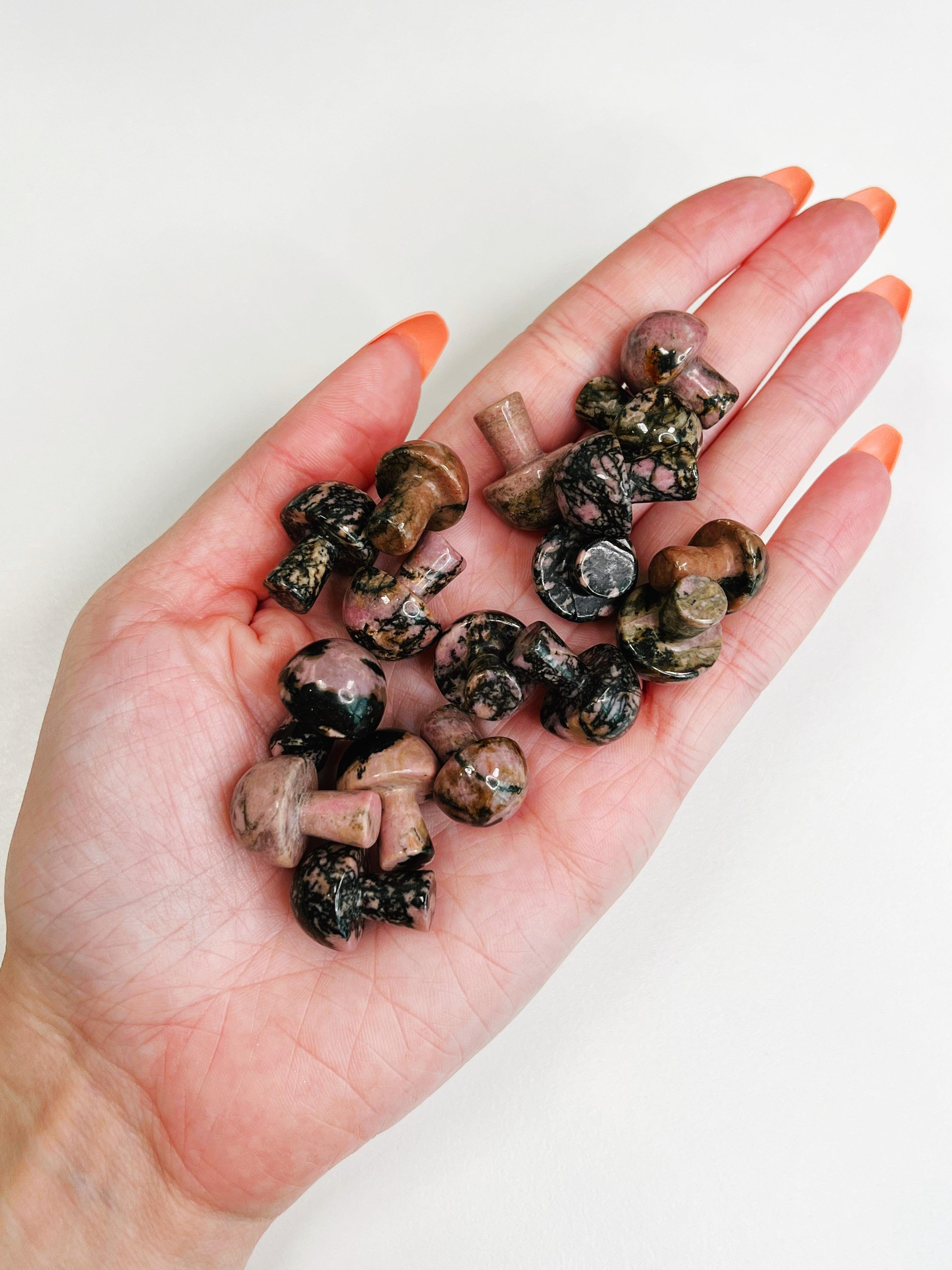 RHODONITE MINI MUSHROOM - 33 bday, Black Friday sale, crystal mushroom, emotional support, end of year sale, fertility, focus gift bundle, grief gift bundle, holiday sale, love gift bundle, mini mushroom, mushroom, new year sale, pocket crystal, pocket crystals, pocket stone, rhodonite - The Mineral Maven