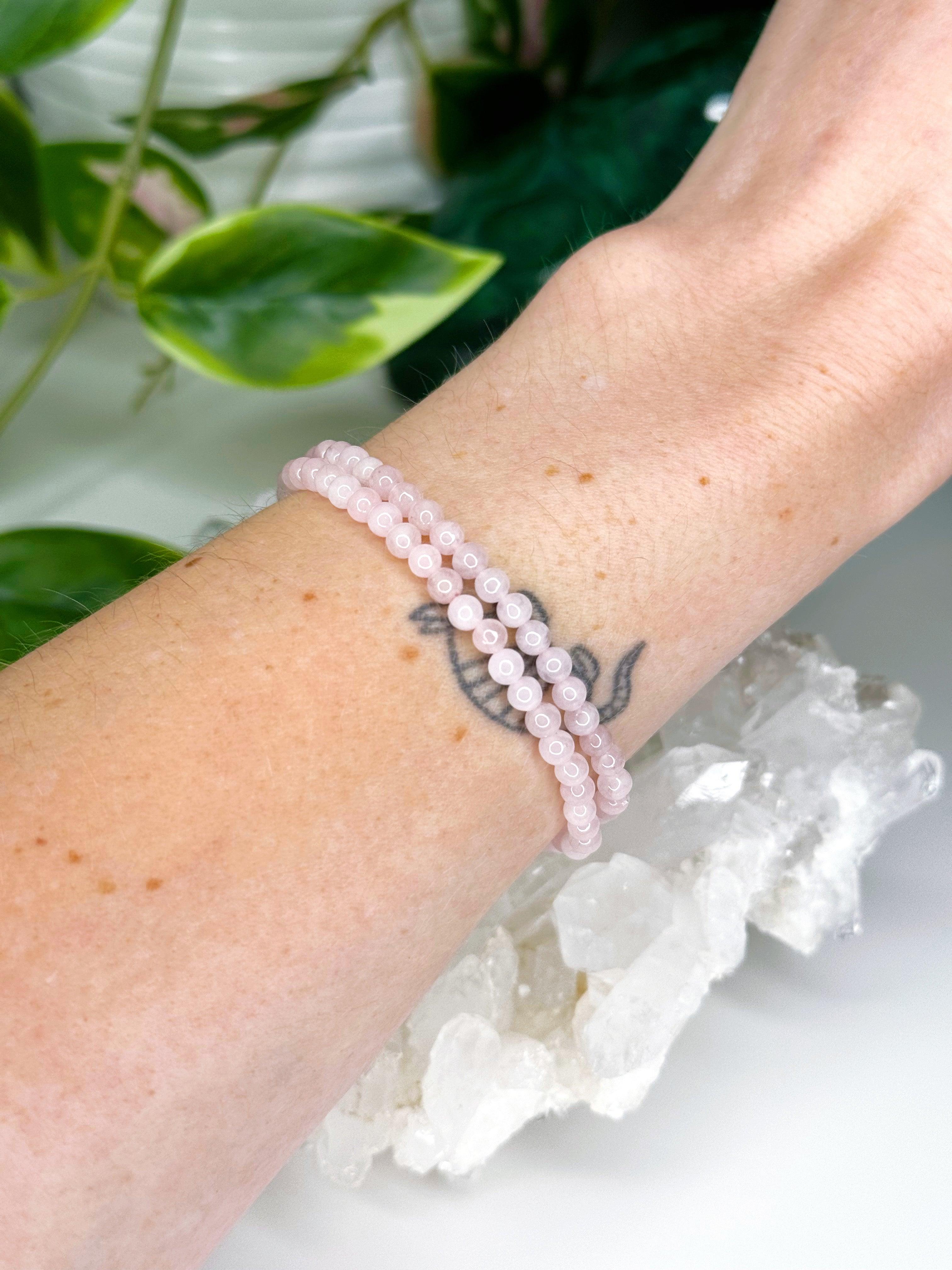 ROSE QUARTZ 4mm - HANDMADE CRYSTAL BRACELET - 4mm, aries, bracelet, cancer, capricorn, crystal bracelet, emotional support, grief gift bundle, handmade bracelet, jewelry, libra, love gift bundle, market bracelet, may day/beltane, pink, pisces, recently added, rose quartz, single bracelet, taurus, valentines bracelets, valentines vibes, Wearable - The Mineral Maven