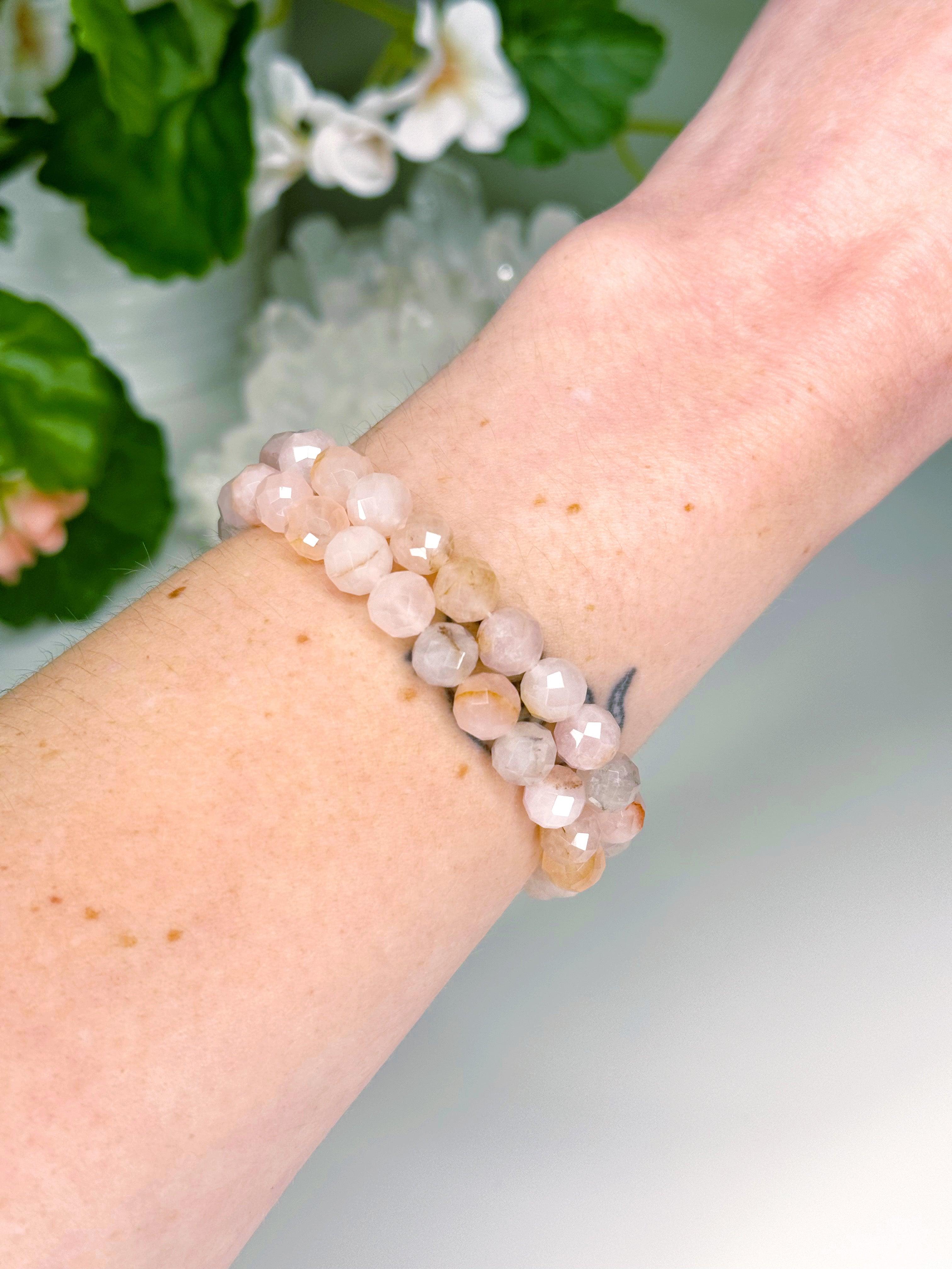 ROSE QUARTZ (FACETED) 8mm - HANDMADE CRYSTAL BRACELET - 10 Dec Inventory, 8mm, bracelet, bracelet inventory check, crystal bracelet, crystals for beginners, faceted, fertility, handmade bracelet, hematoid rose quartz, jewelry, June 2025 inventory check, libra, libra stack, pink, rose quartz, sacred heart, scorpio, scorpio stack, spring things, taurus, taurus stack, valentines bracelets, valentines vibes, water, Wearable - The Mineral Maven