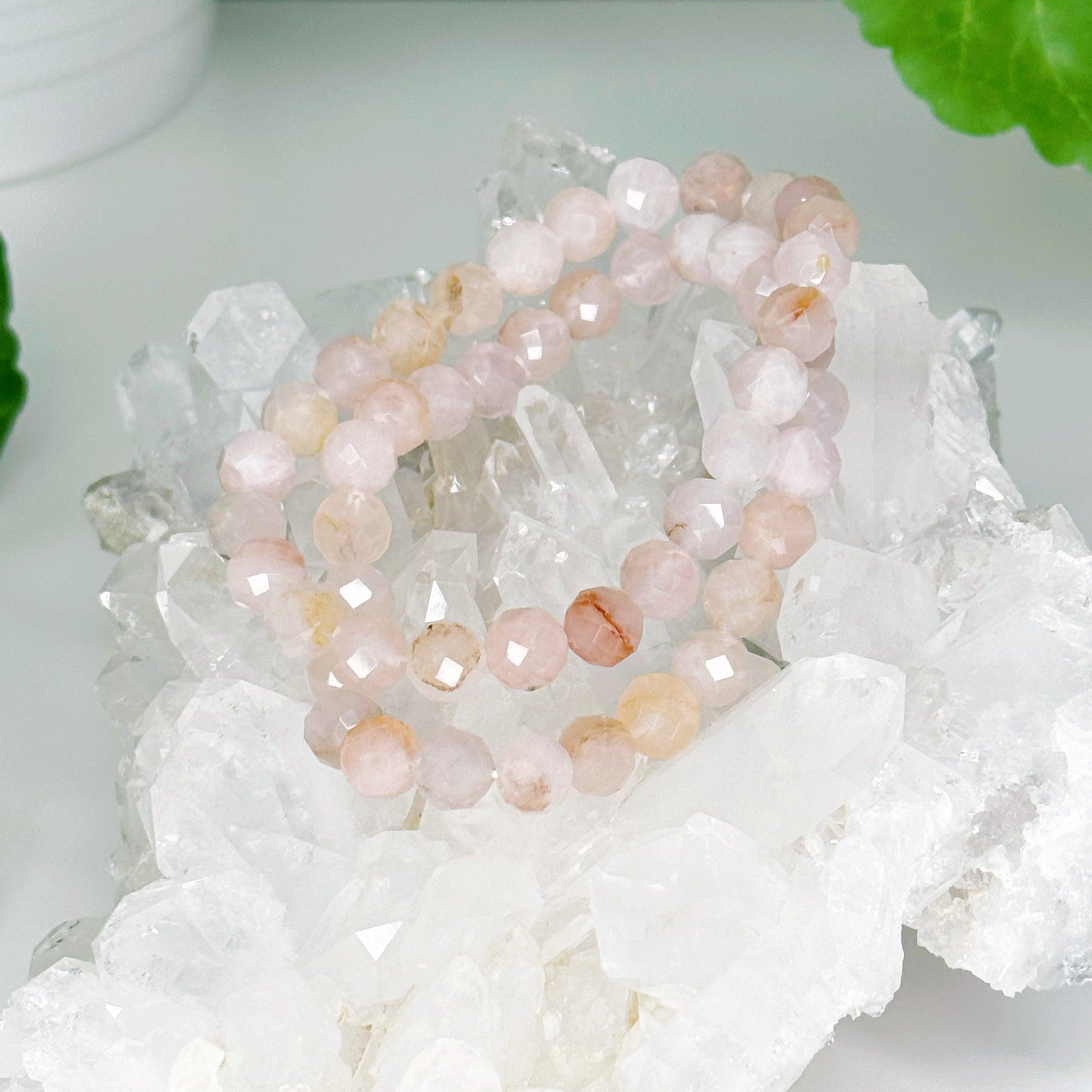 ROSE QUARTZ (FACETED) 8mm - HANDMADE CRYSTAL BRACELET - 10 Dec Inventory, 8mm, bracelet, bracelet inventory check, crystal bracelet, crystals for beginners, faceted, fertility, handmade bracelet, hematoid rose quartz, jewelry, June 2025 inventory check, libra, libra stack, pink, rose quartz, sacred heart, scorpio, scorpio stack, spring things, taurus, taurus stack, valentines bracelets, valentines vibes, water, Wearable - The Mineral Maven