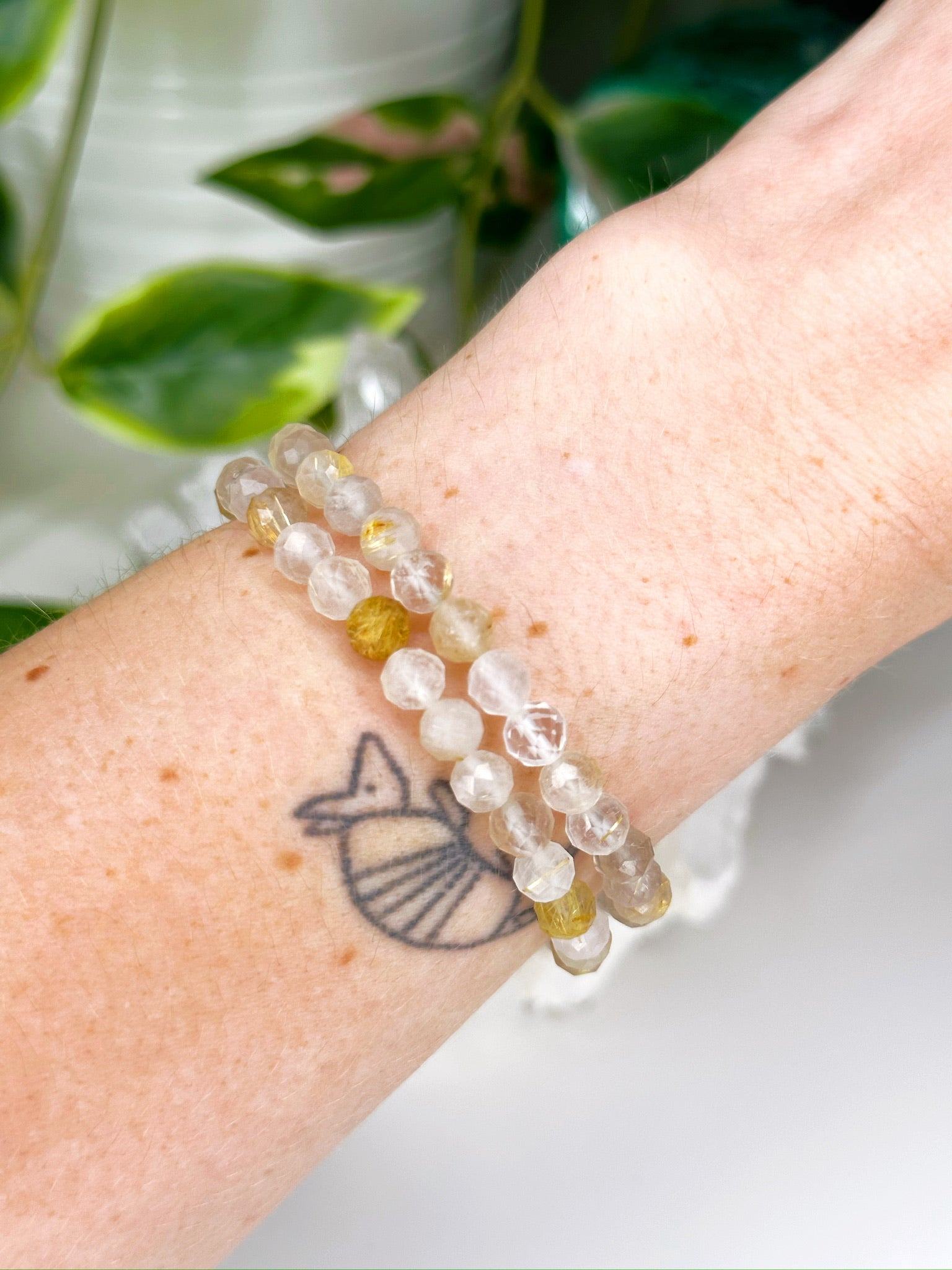 RUTILATED QUARTZ (FACETED) 6mm - HANDMADE CRYSTAL BRACELET - 10 Dec Inventory, 6mm, bracelet, bracelet inventory check, clear/white, crystal bracelet, emotional support, faceted, fall-o-ween, fall-o-ween bracelets, focus gift bundle, gemini, gemini stack, handmade bracelet, jewelry, June 2025 inventory check, leo, leo stack, market bracelet, metallic, rutilated quartz, storm, Wearable, yellow - The Mineral Maven