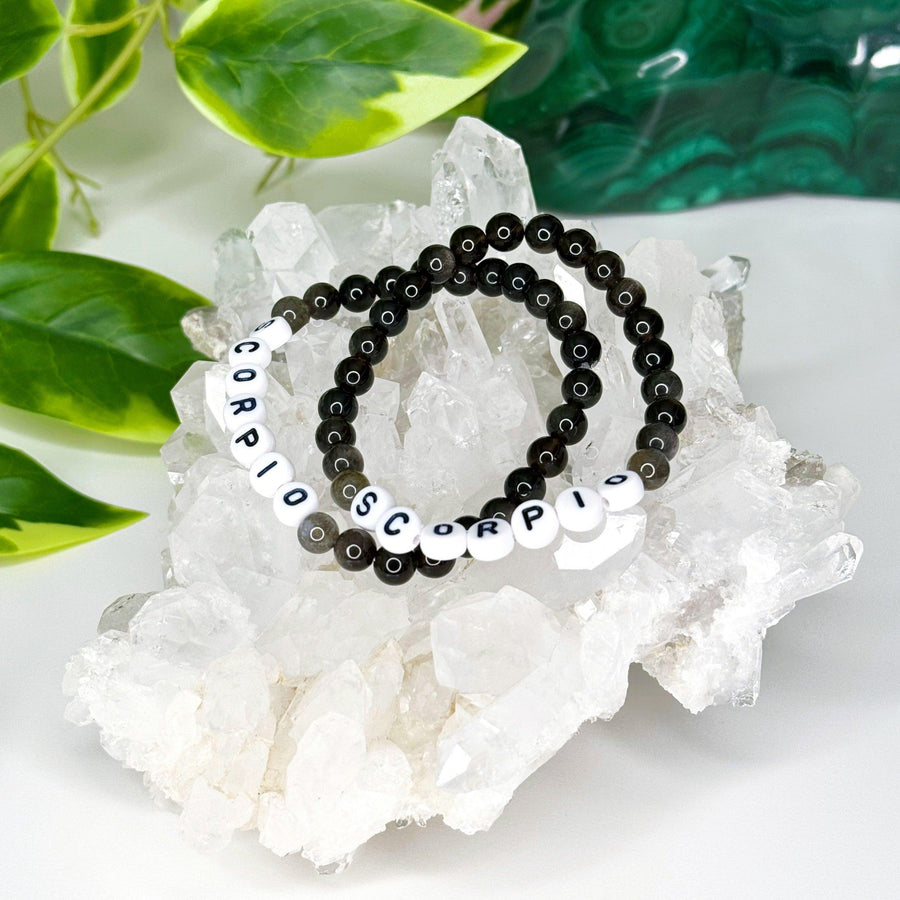 'SCORPIO' SILVER SHEEN OBSIDIAN + LABRADORITE 6mm - HANDMADE CRYSTAL BRACELET - 6mm, black, bracelet, crystal bracelet, handmade bracelet, jewelry, market bracelet, obsidian, recently added, Scorpio Season, silver sheen obsidian, Wearable - The Mineral Maven