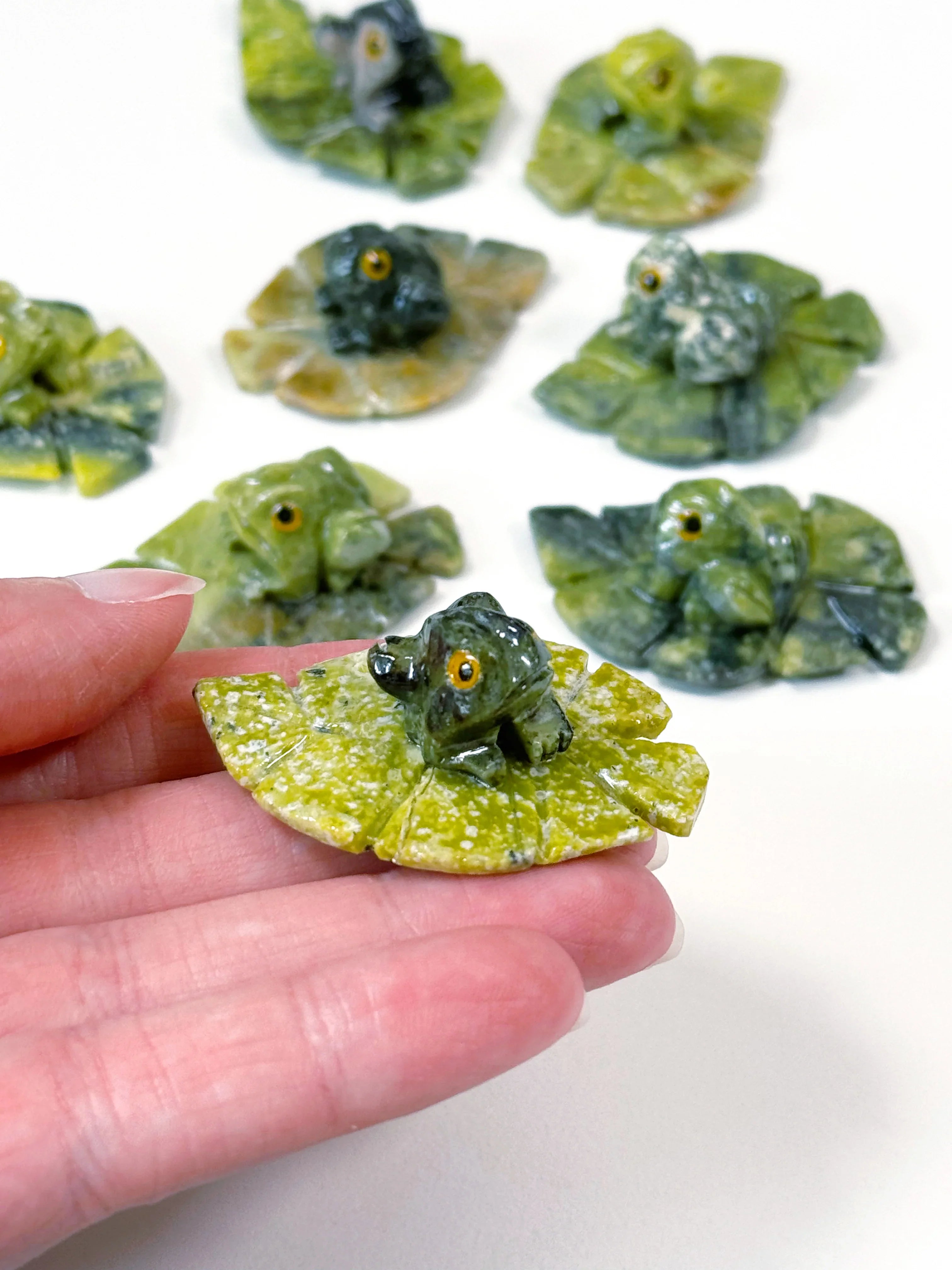 SERPENTINE MINI FROG ON LEAF - crystal critter, crystal frog, frog, frog on leaf, mini frog, serpentine, serpentinite - The Mineral Maven