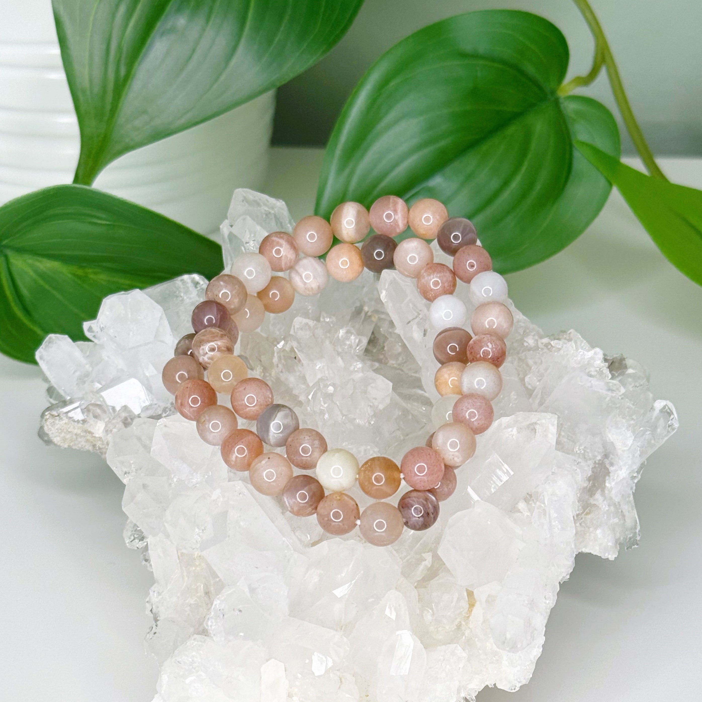 SHADED MOONSTONE 8mm - HANDMADE CRYSTAL BRACELET - 8mm, air, aquarius, bracelet, cancer, crystal bracelet, fertility, gemini, handmade bracelet, jewelry, libra, moonstone, Orange, peach moonstone, pisces, summerween collection, virgo, Wearable - The Mineral Maven