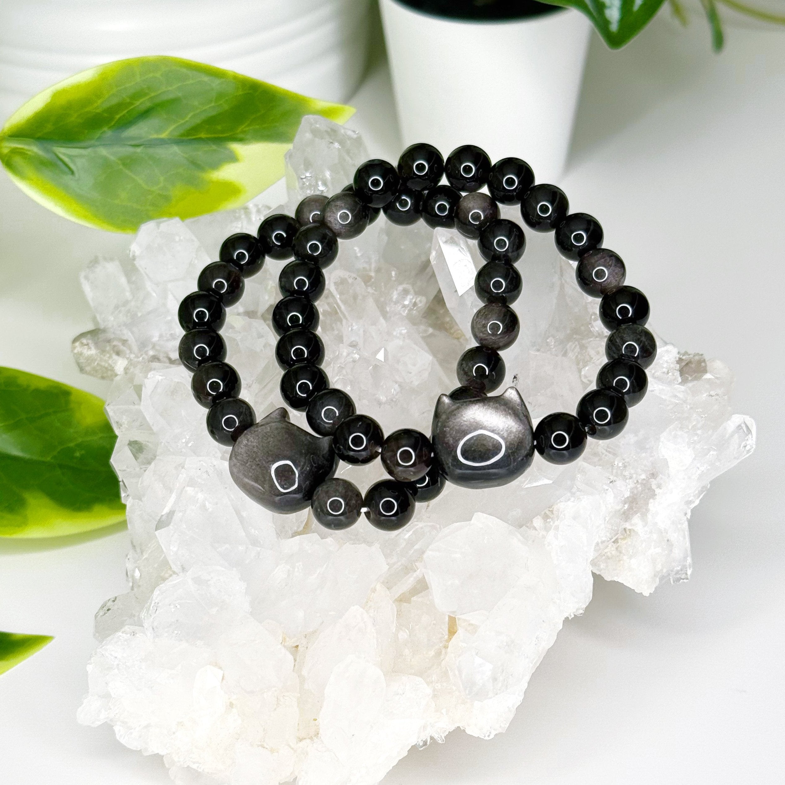 SILVER SHEEN OBSIDIAN CAT 8mm - HANDMADE CRYSTAL BRACELET - 10 Dec Inventory, 8mm, black, bracelet, cat, cat head, crystal bracelet, handmade bracelet, jewelry, June 2025 inventory check, kitty, memento mori, memento mori collection, moon, new critter drop, obsidian, Scorpio Season, silver sheen obsidian, Wearable - The Mineral Maven