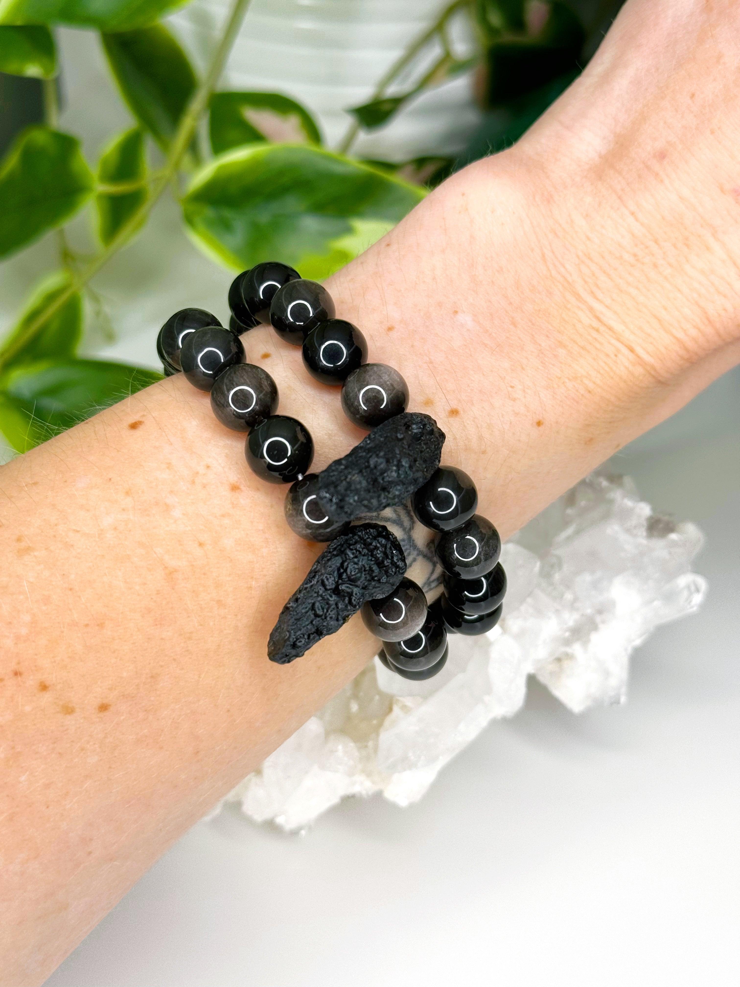 SILVER SHEEN OBSIDIAN + TEKTITE 10mm - HANDMADE CRYSTAL BRACELET - 10 Dec Inventory, 10mm, 2025 vibes, black, bracelet, bracelet inventory check, crystal bracelet, Friday the 13th, handmade bracelet, indochinite, jewelry, June 2025 inventory check, market bracelet, obsidian, protection gift bundle, Scorpio Season, silver sheen obsidian, tektite, transform gift bundle, Wearable - The Mineral Maven