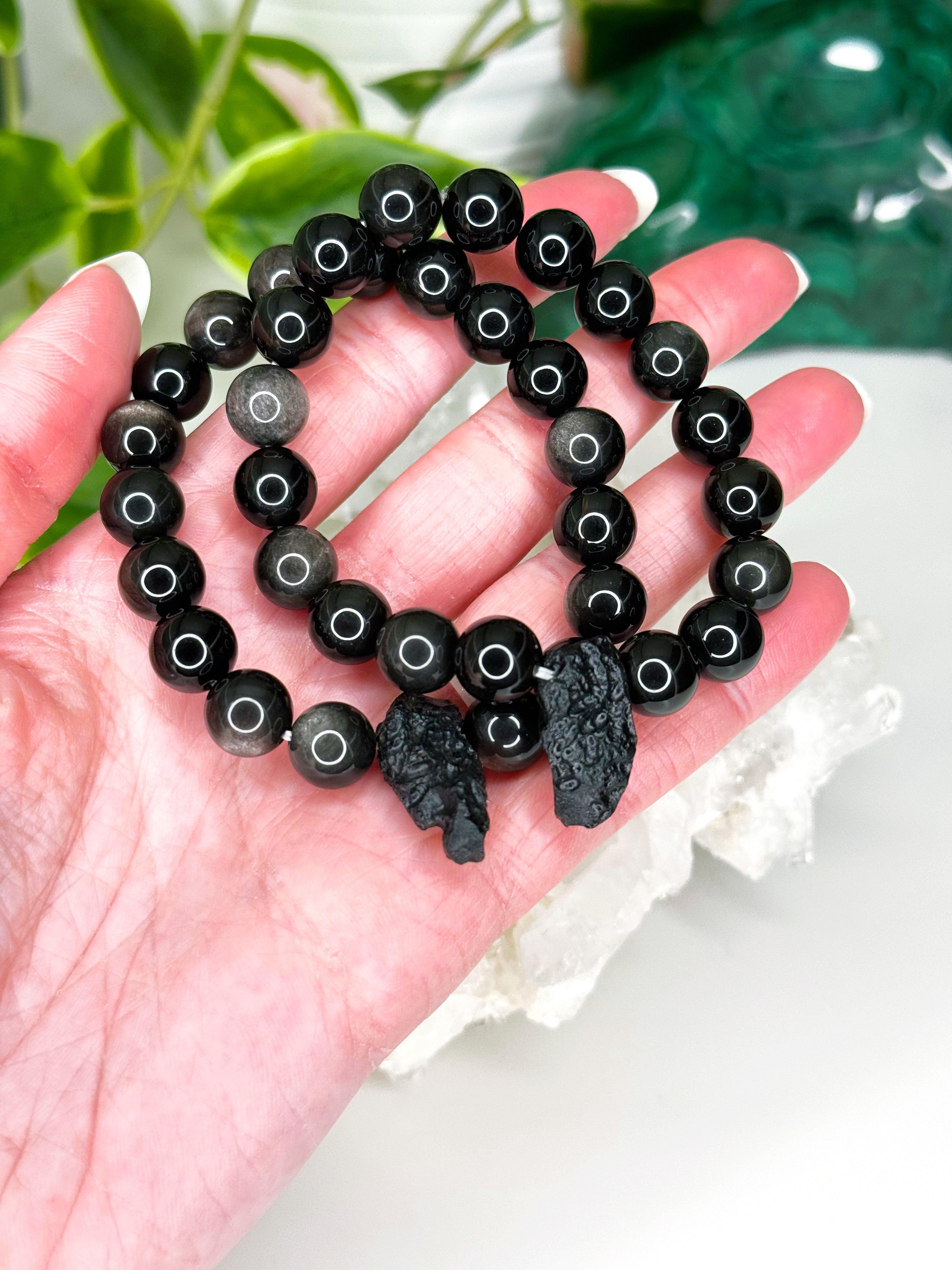 SILVER SHEEN OBSIDIAN + TEKTITE 10mm - HANDMADE CRYSTAL BRACELET - 10 Dec Inventory, 10mm, 2025 vibes, black, bracelet, bracelet inventory check, crystal bracelet, Friday the 13th, handmade bracelet, indochinite, jewelry, June 2025 inventory check, market bracelet, obsidian, protection gift bundle, Scorpio Season, silver sheen obsidian, tektite, transform gift bundle, Wearable - The Mineral Maven
