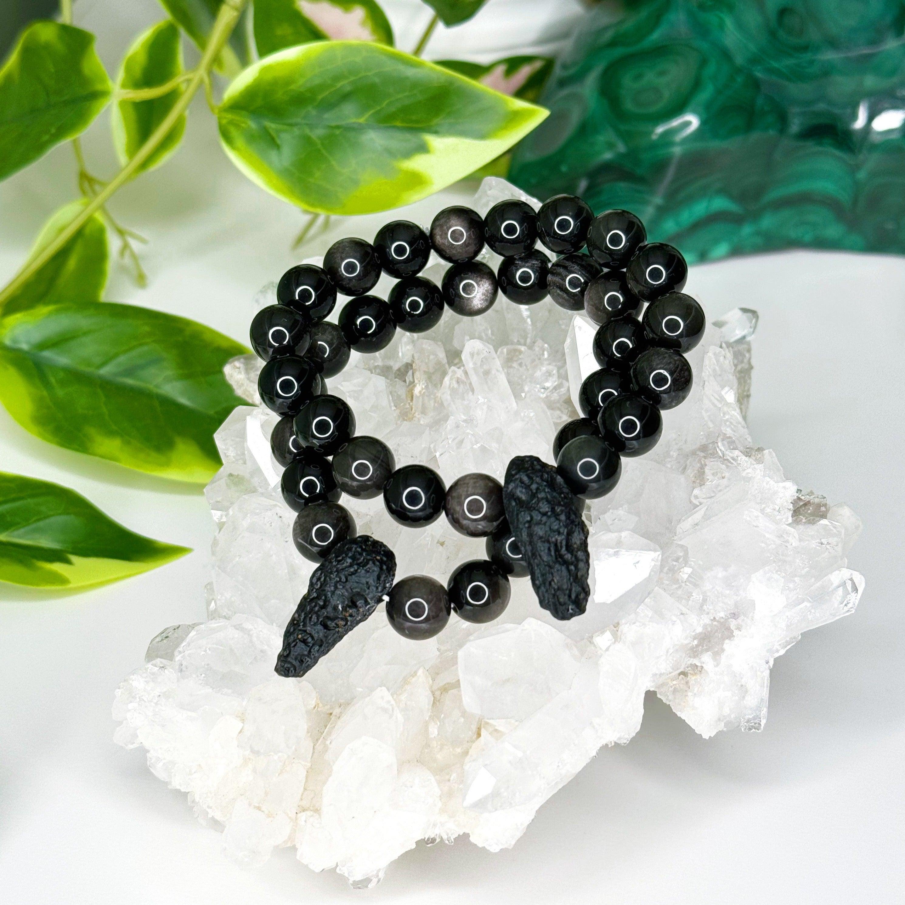SILVER SHEEN OBSIDIAN + TEKTITE 10mm - HANDMADE CRYSTAL BRACELET - 10 Dec Inventory, 10mm, 2025 vibes, black, bracelet, bracelet inventory check, crystal bracelet, Friday the 13th, handmade bracelet, indochinite, jewelry, June 2025 inventory check, market bracelet, obsidian, protection gift bundle, Scorpio Season, silver sheen obsidian, tektite, transform gift bundle, Wearable - The Mineral Maven
