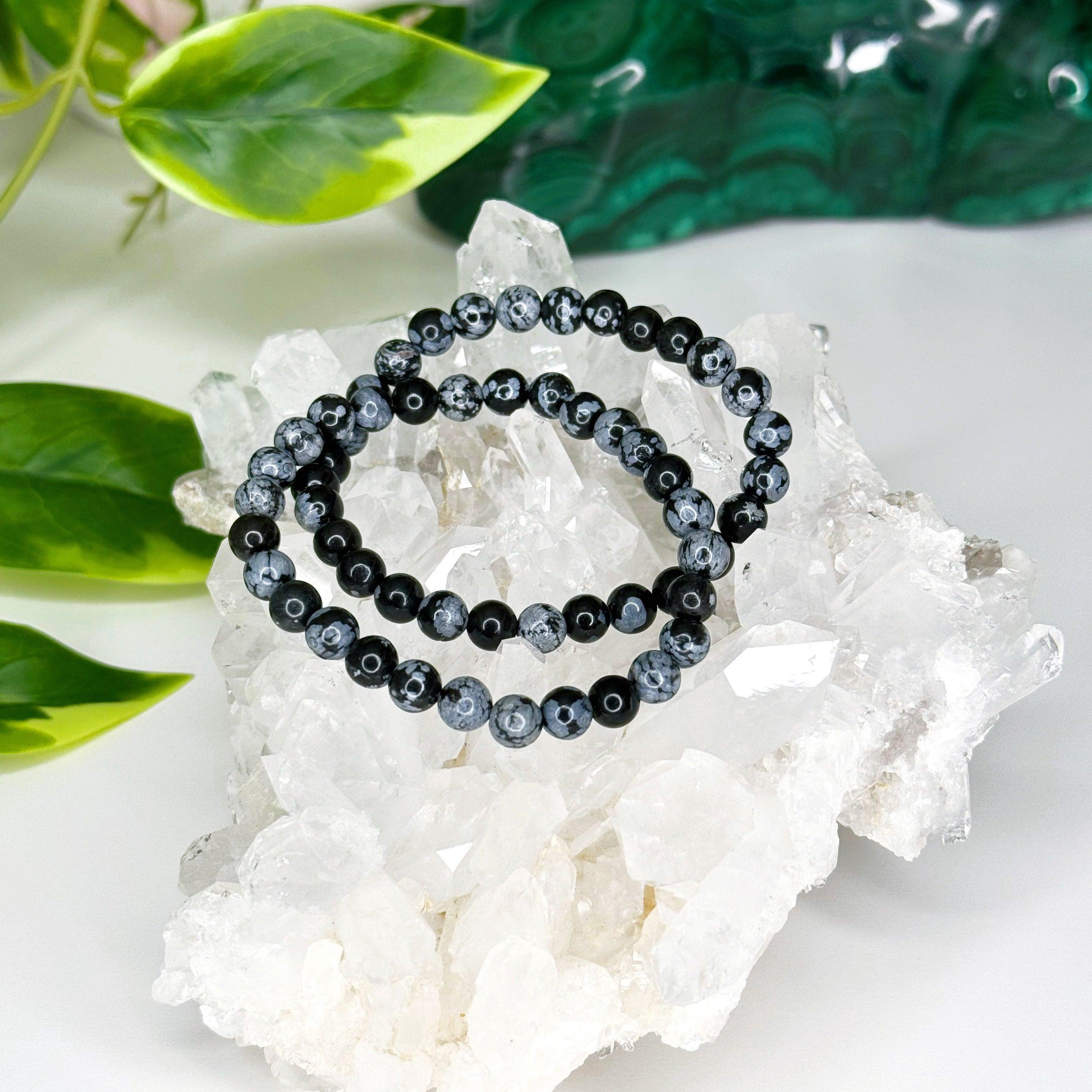 SNOWFLAKE OBSIDIAN 6mm - HANDMADE CRYSTAL BRACELET - 6mm, black, bracelet, crystal bracelet, handmade bracelet, jewelry, market bracelet, obsidian, recently added, scorpio, scorpio stack, single bracelet, snowflake, snowflake obsidian, solstice collection, virgo, virgo stack, Wearable, winter solstice collection - The Mineral Maven