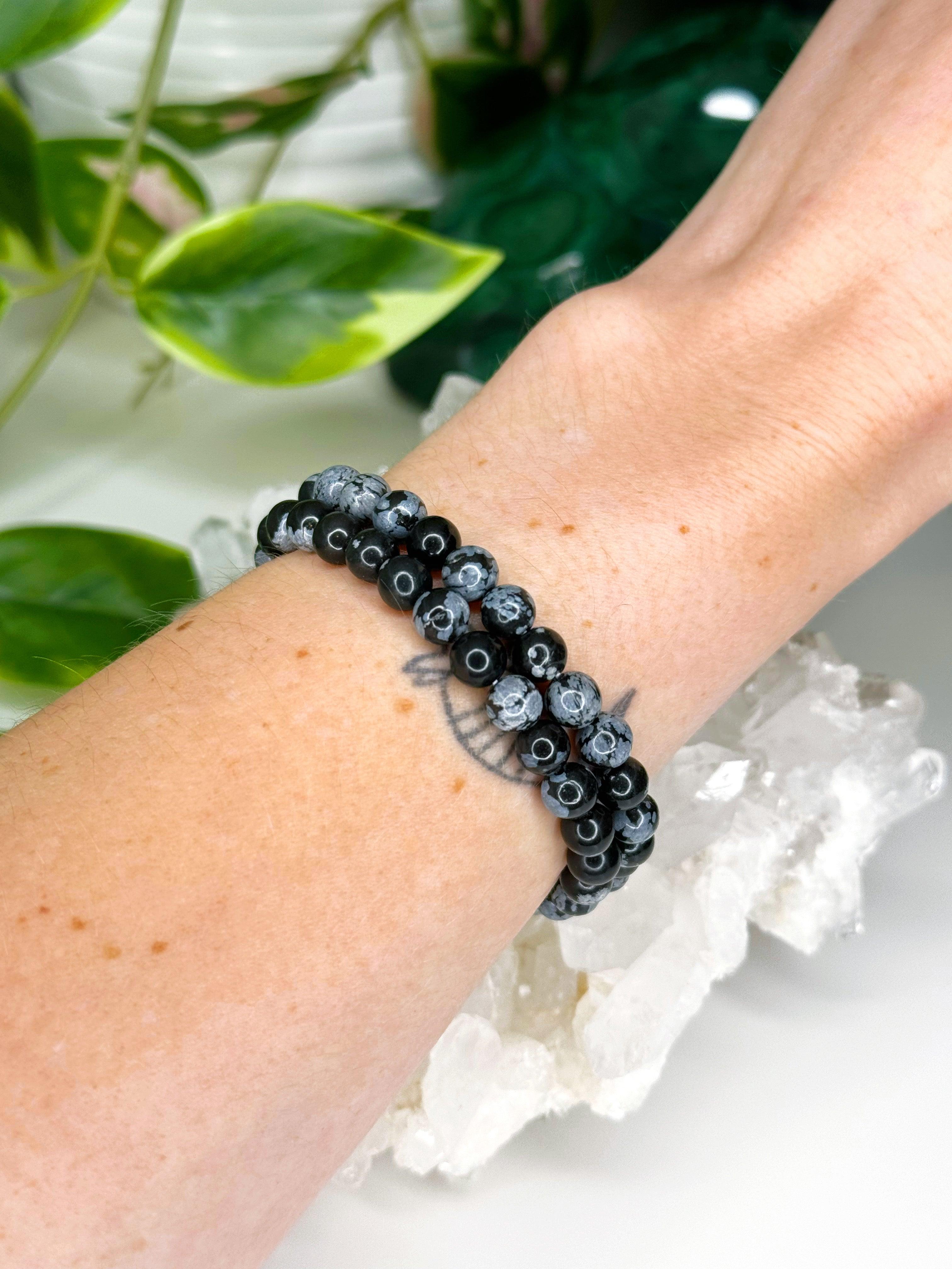 SNOWFLAKE OBSIDIAN 6mm - HANDMADE CRYSTAL BRACELET - 6mm, black, bracelet, crystal bracelet, handmade bracelet, jewelry, market bracelet, obsidian, recently added, scorpio, scorpio stack, single bracelet, snowflake, snowflake obsidian, solstice collection, virgo, virgo stack, Wearable, winter solstice collection - The Mineral Maven