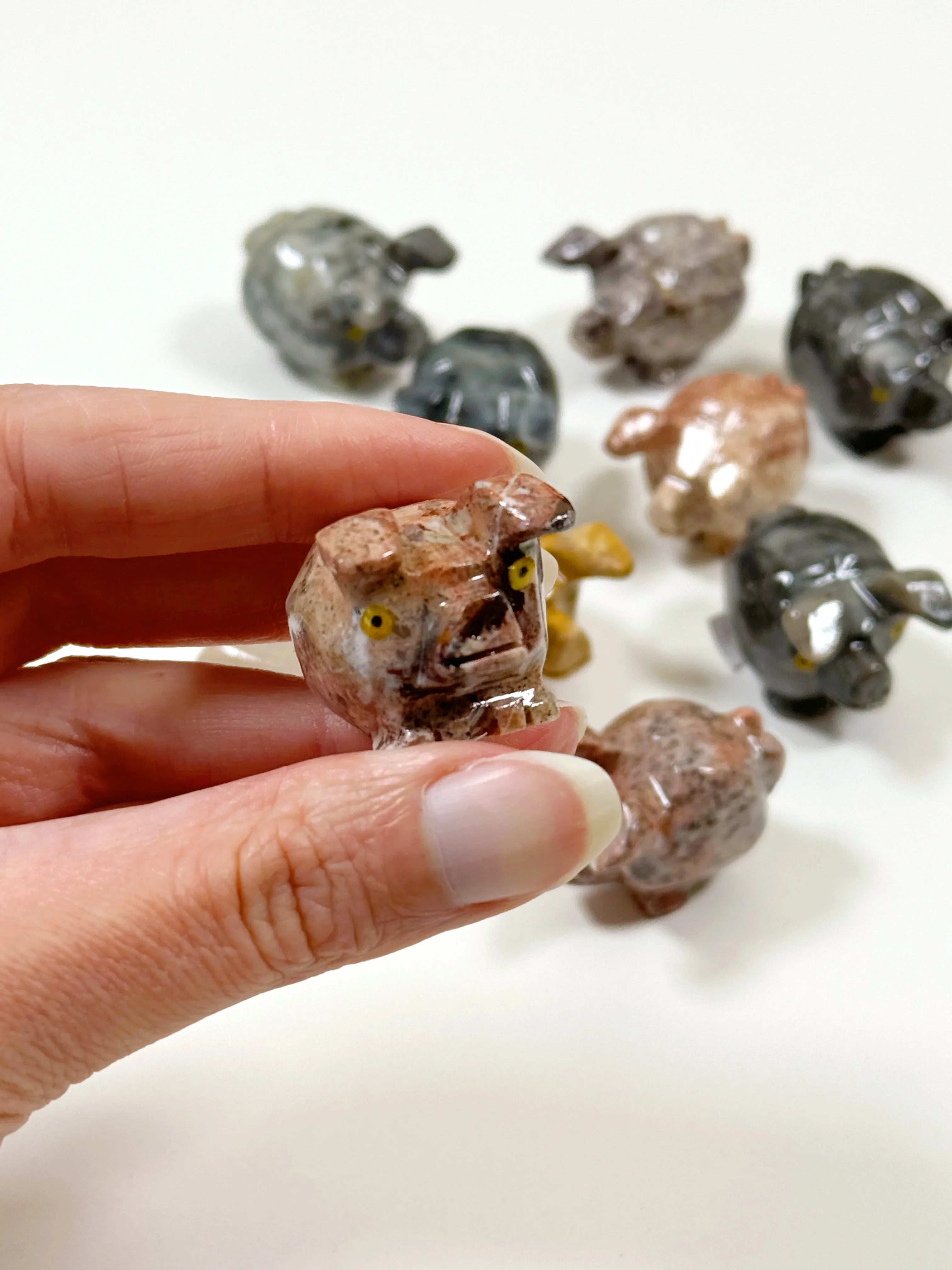 SOAPSTONE CRITTERS (SMALL) - alligator, bear, bird, camel, cat, cobra, coyote, critter, crystal critter, dog, elephant, frog, frog on leaf, hog, horned lizard, horny toad, horse, iguana, lion, new critter drop, pelican, pig, roadrunner, snail, snake, soapstone, tortoise, turtle - The Mineral Maven