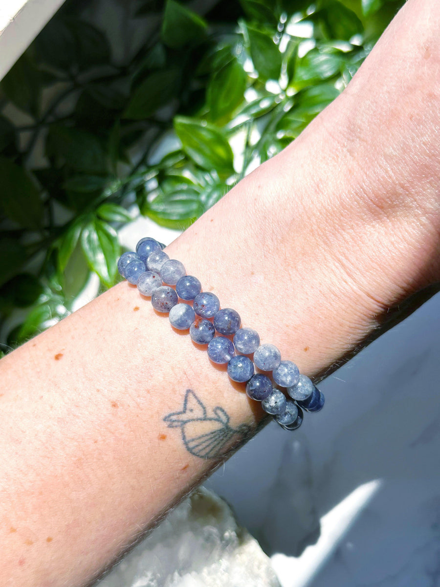SUNSTONE IOLITE 6mm - HANDMADE CRYSTAL BRACELET - 6mm, air, blue, bracelet, crystal bracelet, fire, handmade bracelet, iolite, jewelry, leo, leo stack, market bracelet, old stock bracelet, recently added, summer vibes, sunstone, sunstone iolite, Wearable - The Mineral Maven