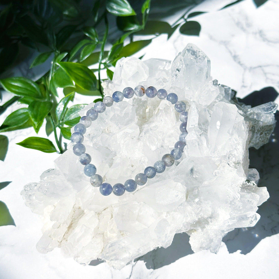SUNSTONE IOLITE 6mm - HANDMADE CRYSTAL BRACELET - 6mm, air, blue, bracelet, crystal bracelet, fire, handmade bracelet, iolite, jewelry, leo, leo stack, market bracelet, old stock bracelet, recently added, summer vibes, sunstone, sunstone iolite, Wearable - The Mineral Maven