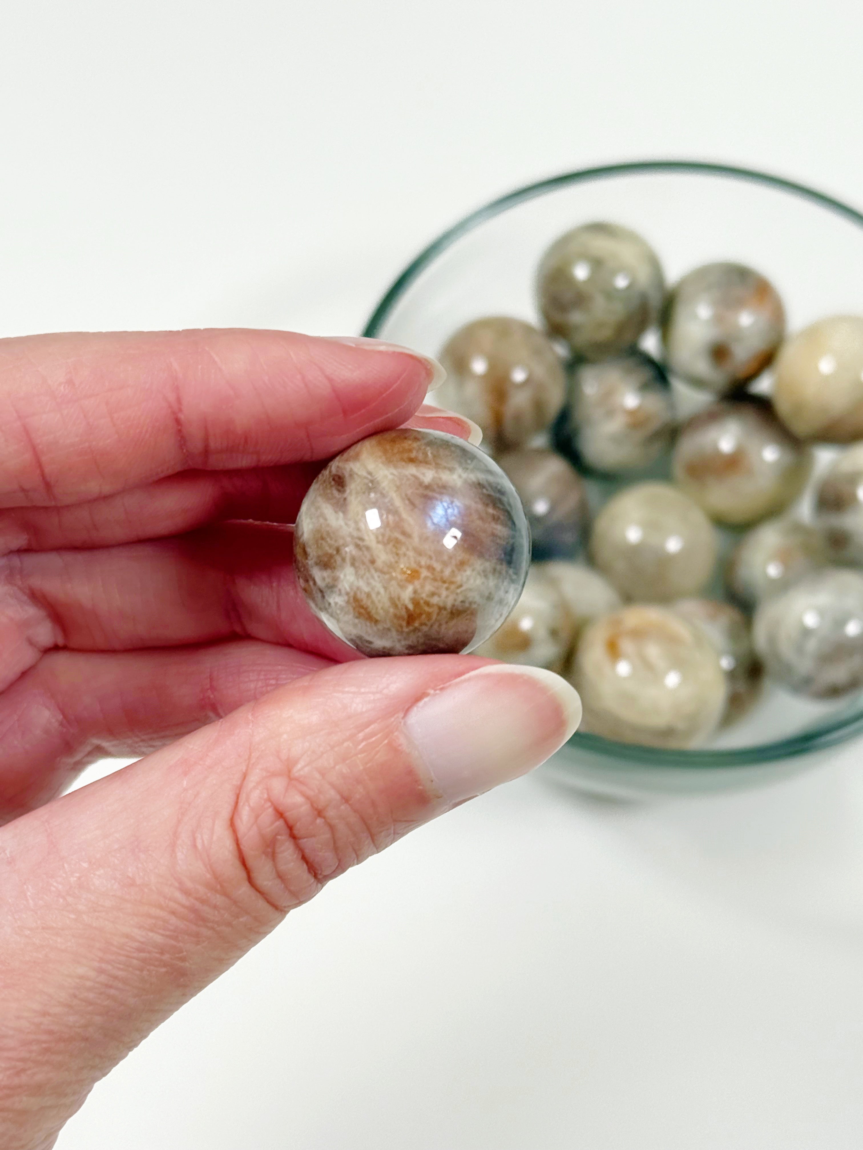 SUNSTONE MOONSTONE MINI SPHERE - 6th anniversary, Arusha sunstone, mini sphere, moonstone, pocket crystal, pocket crystals, pocket stone, polished, polished stone, sphere, sunstone, sunstone moonstone, Tanzanian sunstone - The Mineral Maven