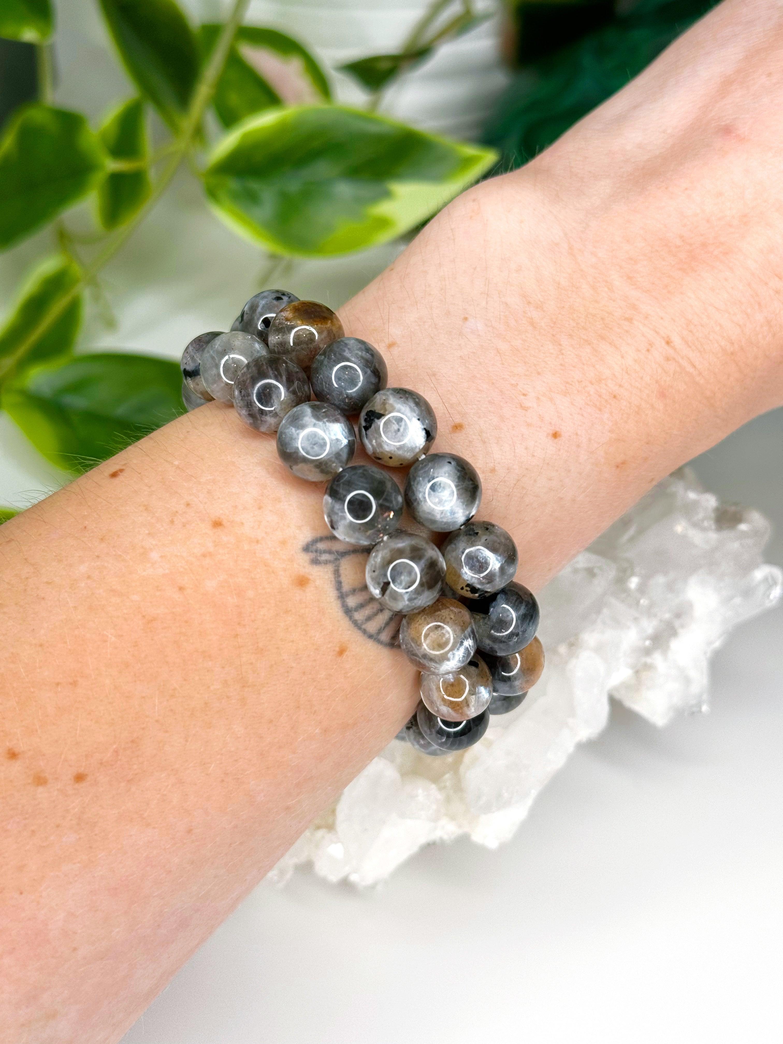 SUNSTONE MOONSTONE (SILVER FLASH) 10mm - HANDMADE CRYSTAL BRACELET - 10 Dec Inventory, 10mm, abundance gift bundle, bracelet, bracelet inventory check, career, crystal bracelet, fertility, fire, Friday the 13th, grey, handmade bracelet, jewelry, joy gift bundle, June 2025 inventory check, Leo, libra, market bracelet, moonstone, new beginnings, new beginnings gift bundle, orange, solar eclipse, sunstone, Wearable - The Mineral Maven