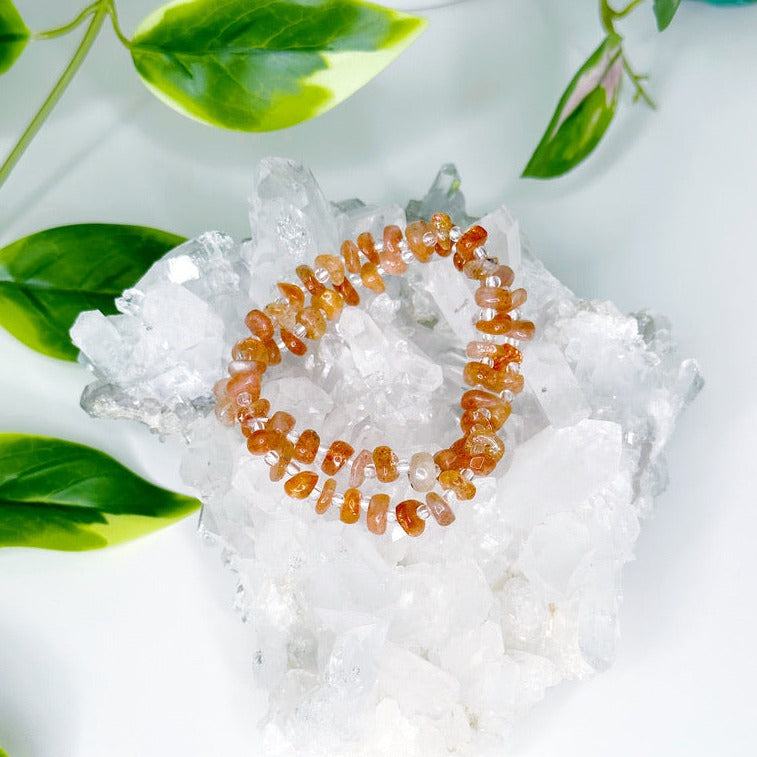 SUNSTONE NUGGET 7mm - HANDMADE CRYSTAL BRACELET - 7mm, abundance gift bundle, bracelet, career, crystal bracelet, fire, handmade bracelet, jewelry, joy gift bundle, Leo, leo stack, market bracelet, nugget, orange, recently added, solar eclipse, summer vibes, sunstone, Wearable - The Mineral Maven