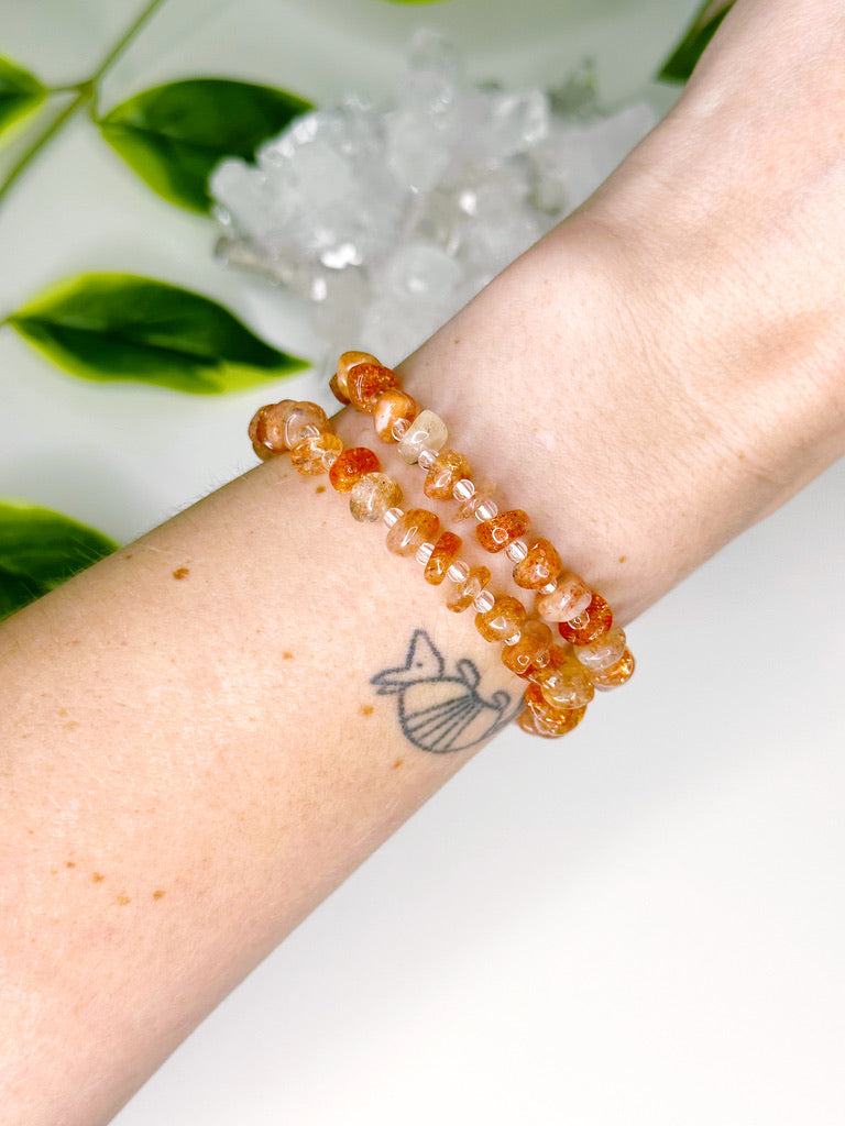 SUNSTONE NUGGET 7mm - HANDMADE CRYSTAL BRACELET - 7mm, abundance gift bundle, bracelet, career, crystal bracelet, fire, handmade bracelet, jewelry, joy gift bundle, Leo, leo stack, market bracelet, nugget, orange, recently added, solar eclipse, summer vibes, sunstone, Wearable - The Mineral Maven