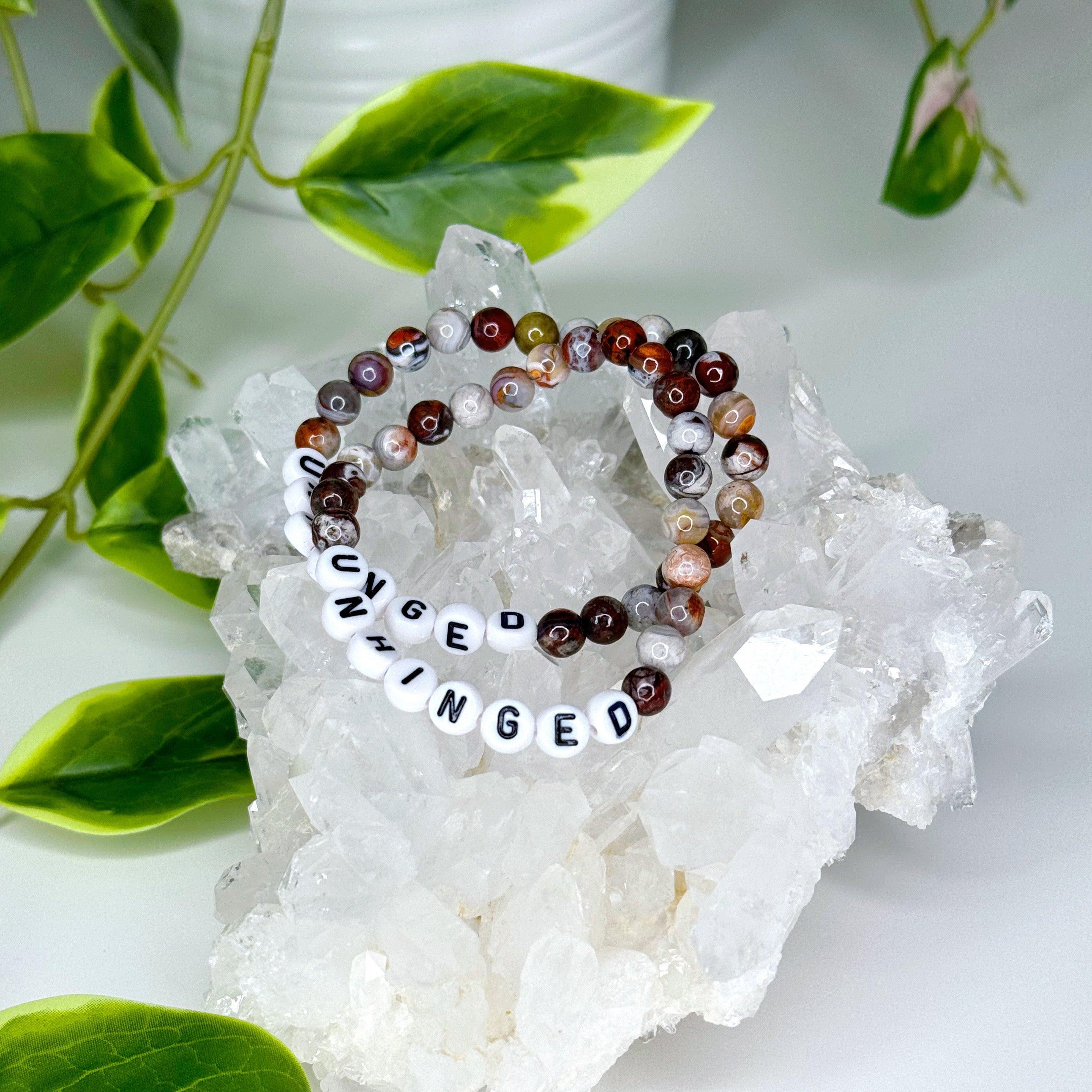 &#39;UNHINGED&#39; LAGUNA AGATE 6mm - HANDMADE CRYSTAL BRACELET - 6mm, agate, bracelet, brown, crystal bracelet, fire, gemini, gemini stack, grey, handmade bracelet, jewelry, laguna agate, market bracelet, mixed colors, recently added, spring collection, unhinged, Wearable - The Mineral Maven