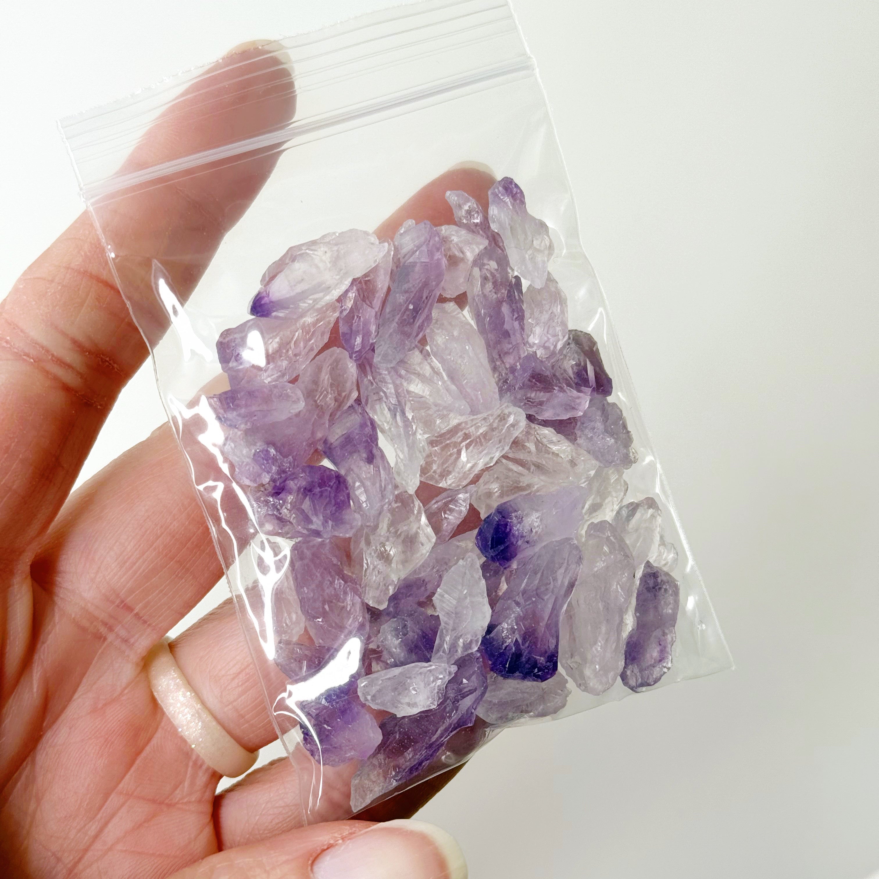 URUGUAYAN AMETHST BAGGIE (30g) - amethyst, baggie, crystal grid, crystal grids, crystals for beginners, raw crystal, raw point, raw stone, Uruguayan amethyst - The Mineral Maven