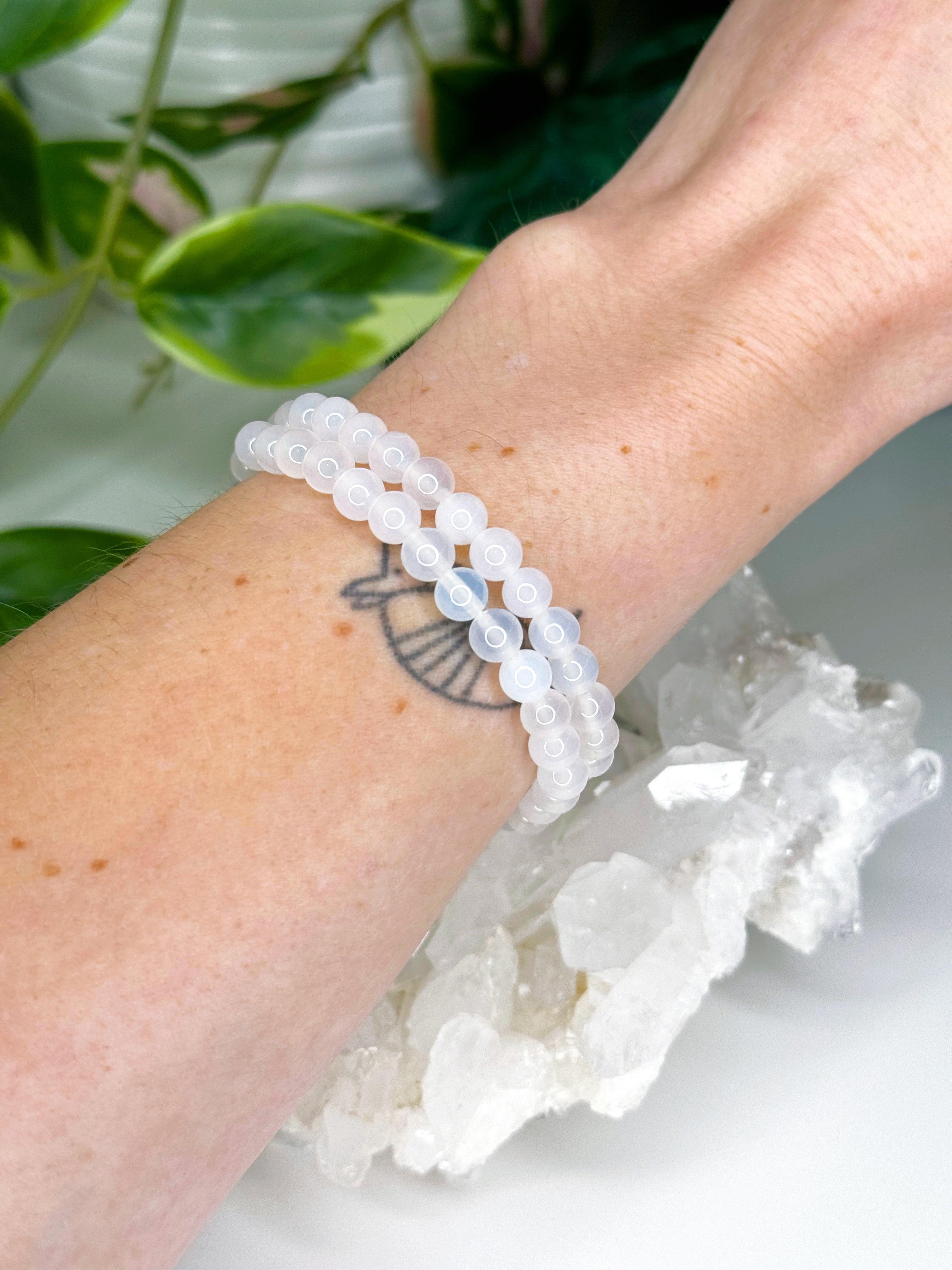 WHITE AGATE 6mm - HANDMADE CRYSTAL BRACELET - 6mm, agate, bracelet, crystal bracelet, emotional support, focus gift bundle, handmade bracelet, jewelry, joy gift bundle, market bracelet, recently added, Wearable, white agate, winter collection, winter solstice collection - The Mineral Maven